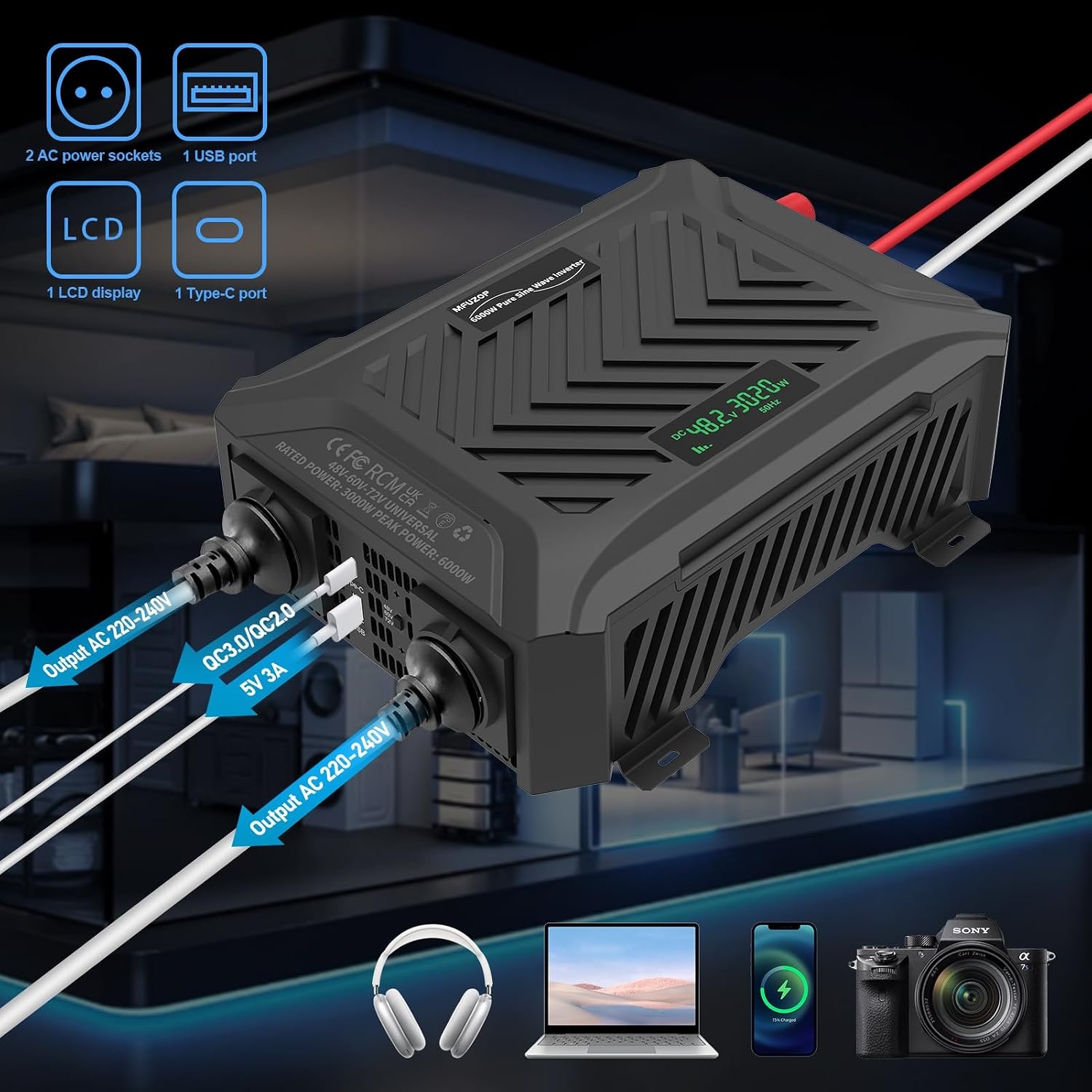 omvormer 12V naar 230V zuivere sinus 2000W/4000W Spanningsomvormer 12v 230v met 2 EU-stopcontacten, 1 Type-C poort, 2.1A USB-poort voor Vrachtwagens, Camping, Kamperen (48V/60V/72V-3000W)