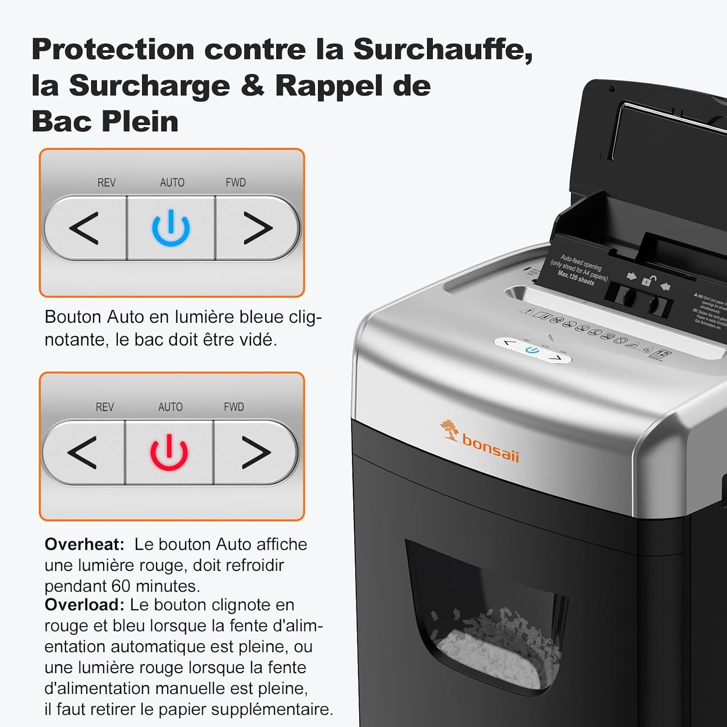 Bonsaii Papiervernietiger, 120 vellen, met automatische toevoer, P-4-microsnede, uitgerust met een container van 23 liter en 4 wielen (C233-B)