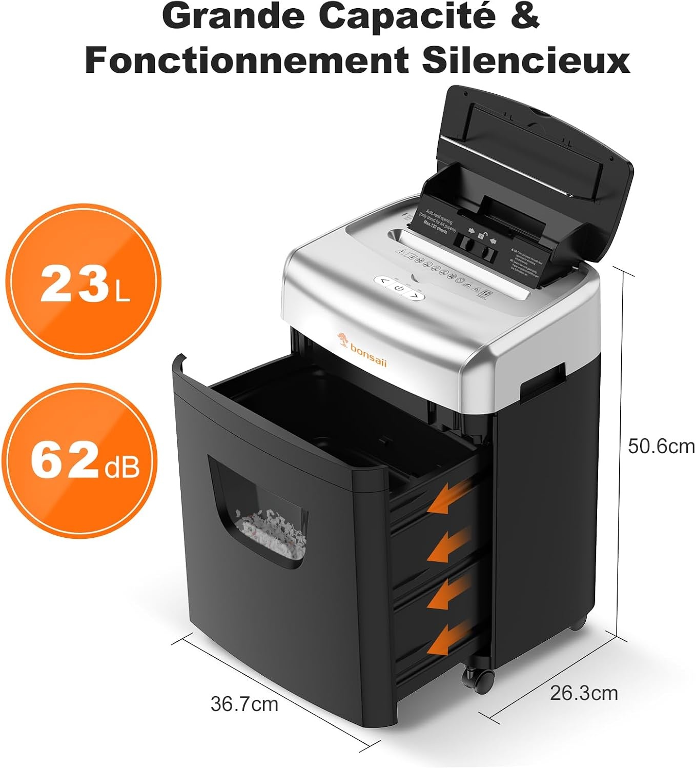 Bonsaii Papiervernietiger, 120 vellen, met automatische toevoer, P-4-microsnede, uitgerust met een container van 23 liter en 4 wielen (C233-B)