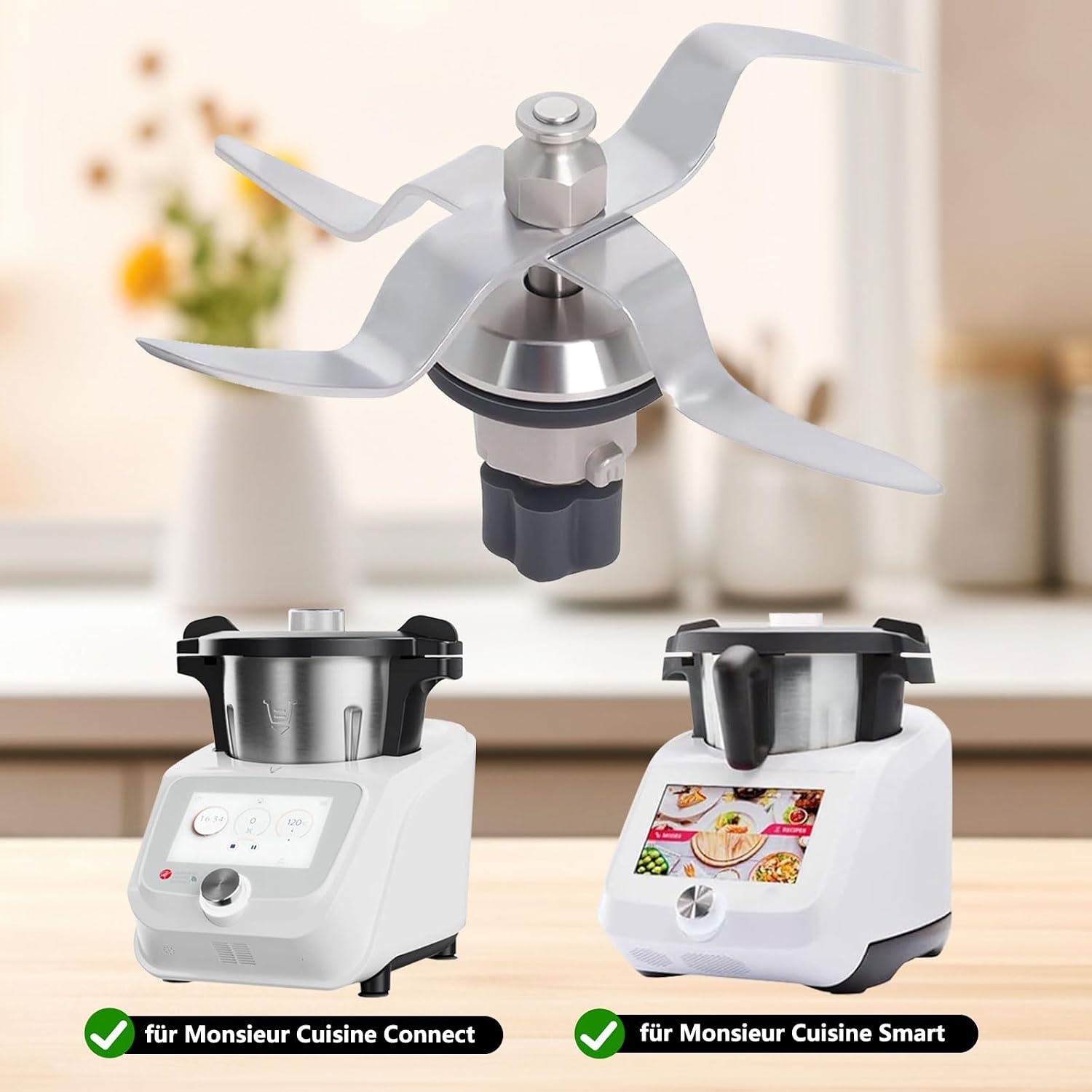 Vervangend mes voor Silvercrest Monsieur Cuisine Connect / Monsieur Cuisine Smart, roestvrij staal reservemes, accessoires voor Monsieur Cuisine, met 1 reinigingsborstel (basis met 5 tanden)