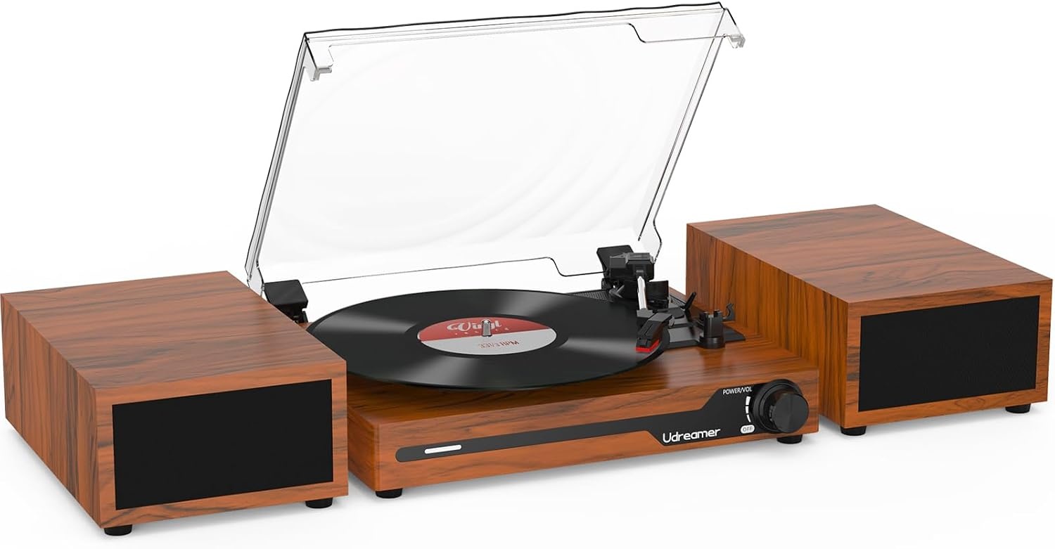 Udreamer platenspeler met 2 dubbele stereoluidsprekers, vintage draaitafel Bluetooth 5.3 ondersteunt 3 snelheden, AUX-in, RCA-lijn, USB, draadloos afspelen, bruin