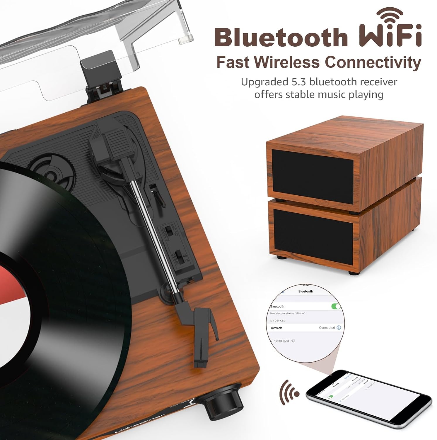 Udreamer platenspeler met 2 dubbele stereoluidsprekers, vintage draaitafel Bluetooth 5.3 ondersteunt 3 snelheden, AUX-in, RCA-lijn, USB, draadloos afspelen, bruin