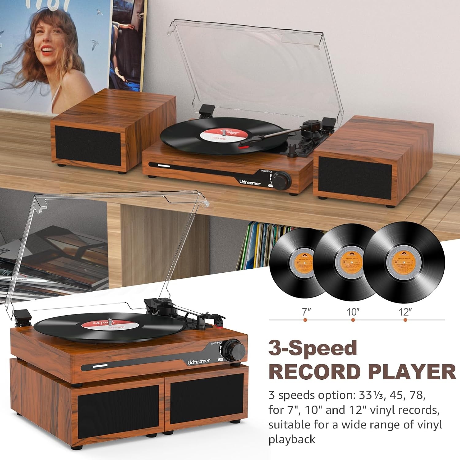 Udreamer platenspeler met 2 dubbele stereoluidsprekers, vintage draaitafel Bluetooth 5.3 ondersteunt 3 snelheden, AUX-in, RCA-lijn, USB, draadloos afspelen, bruin