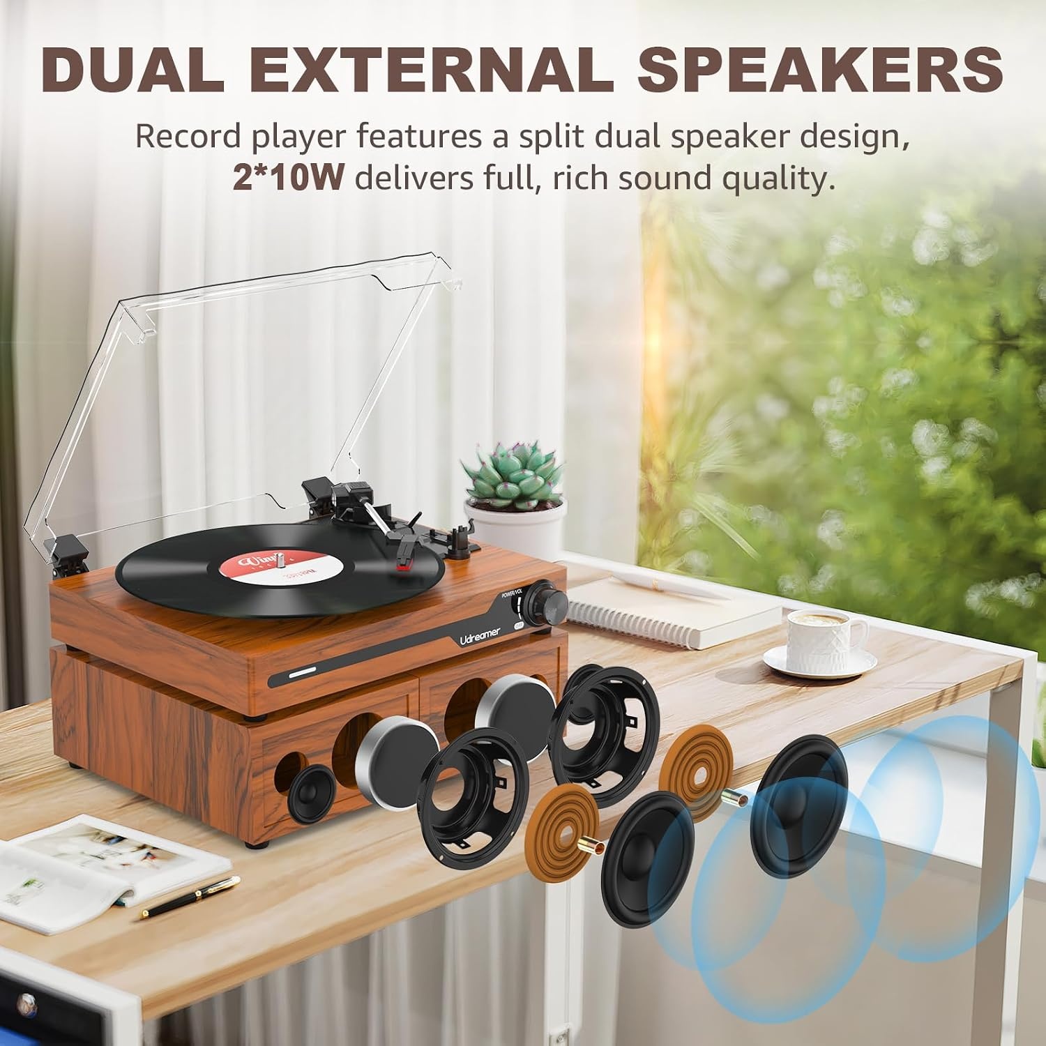 Udreamer platenspeler met 2 dubbele stereoluidsprekers, vintage draaitafel Bluetooth 5.3 ondersteunt 3 snelheden, AUX-in, RCA-lijn, USB, draadloos afspelen, bruin