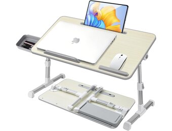 Laptoptafel voor Bed, Verstelbare Hoogte en Hoek, Inklapbaar Bedtafel met Lade, Tablet Standaard, Schoottafels voor Bed, Bank, Vloer(53 x 30 cm, Beige)