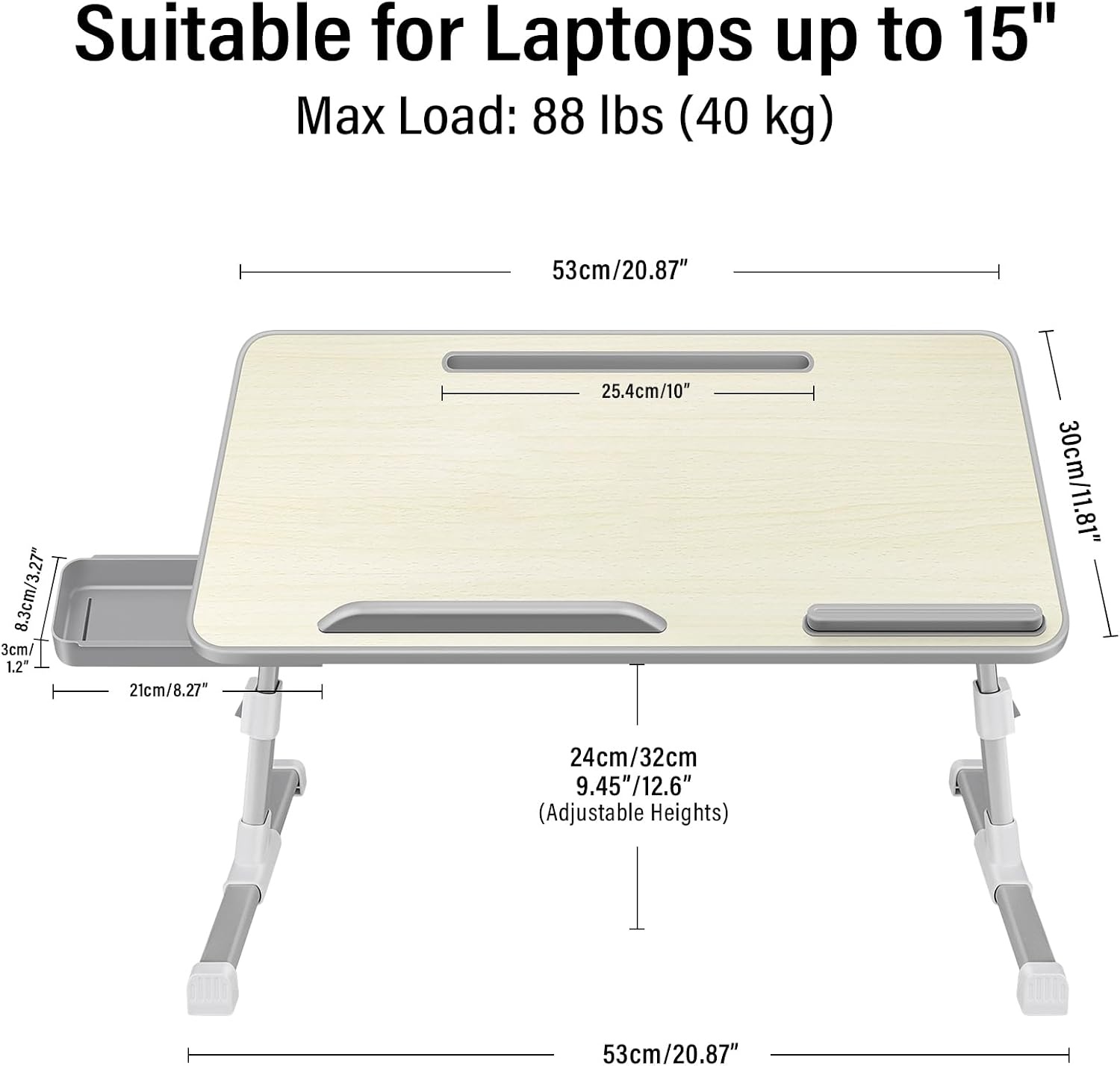 Laptoptafel voor Bed, Verstelbare Hoogte en Hoek, Inklapbaar Bedtafel met Lade, Tablet Standaard, Schoottafels voor Bed, Bank, Vloer(53 x 30 cm, Beige)