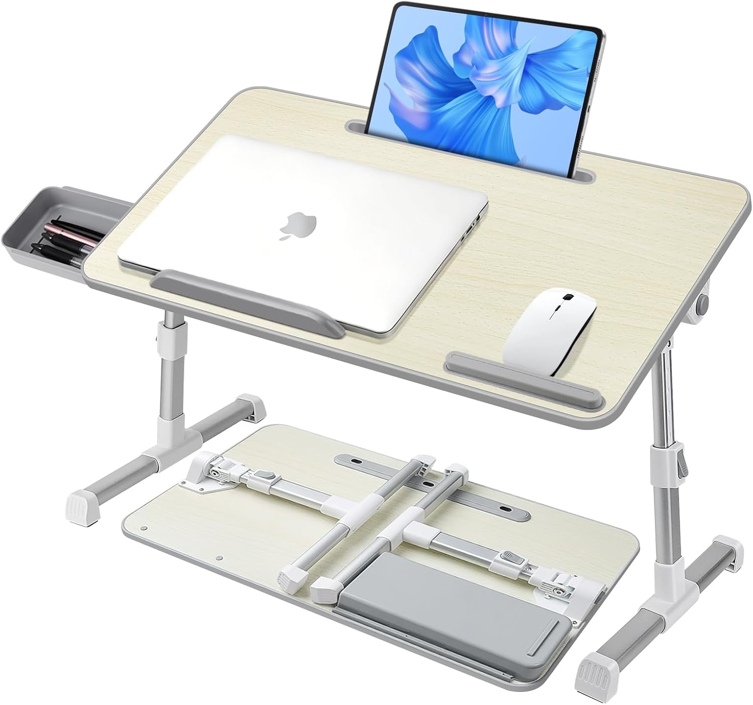 Laptoptafel voor Bed, Verstelbare Hoogte en Hoek, Inklapbaar Bedtafel met Lade, Tablet Standaard, Schoottafels voor Bed, Bank, Vloer(53 x 30 cm, Beige)