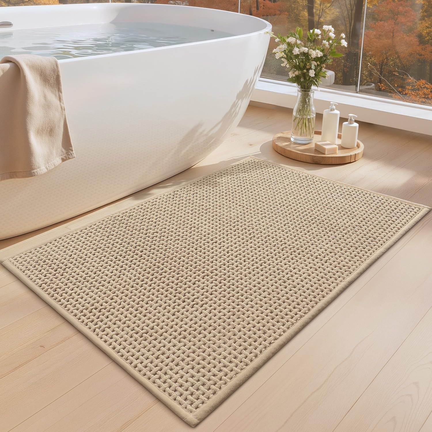 COLOR&GEOMETRY Beige badmat met chenille rubberen achterkant, antislip, absorberend, sneldrogend, wasbaar - 60 x 90 cm grote badkamermat dunne badkamertapijten passen onder de deur