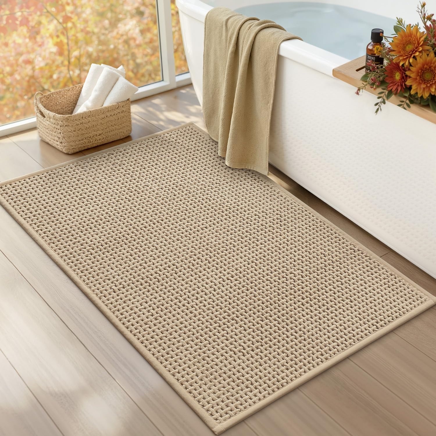 COLOR&GEOMETRY Beige badmat met chenille rubberen achterkant, antislip, absorberend, sneldrogend, wasbaar - 60 x 90 cm grote badkamermat dunne badkamertapijten passen onder de deur