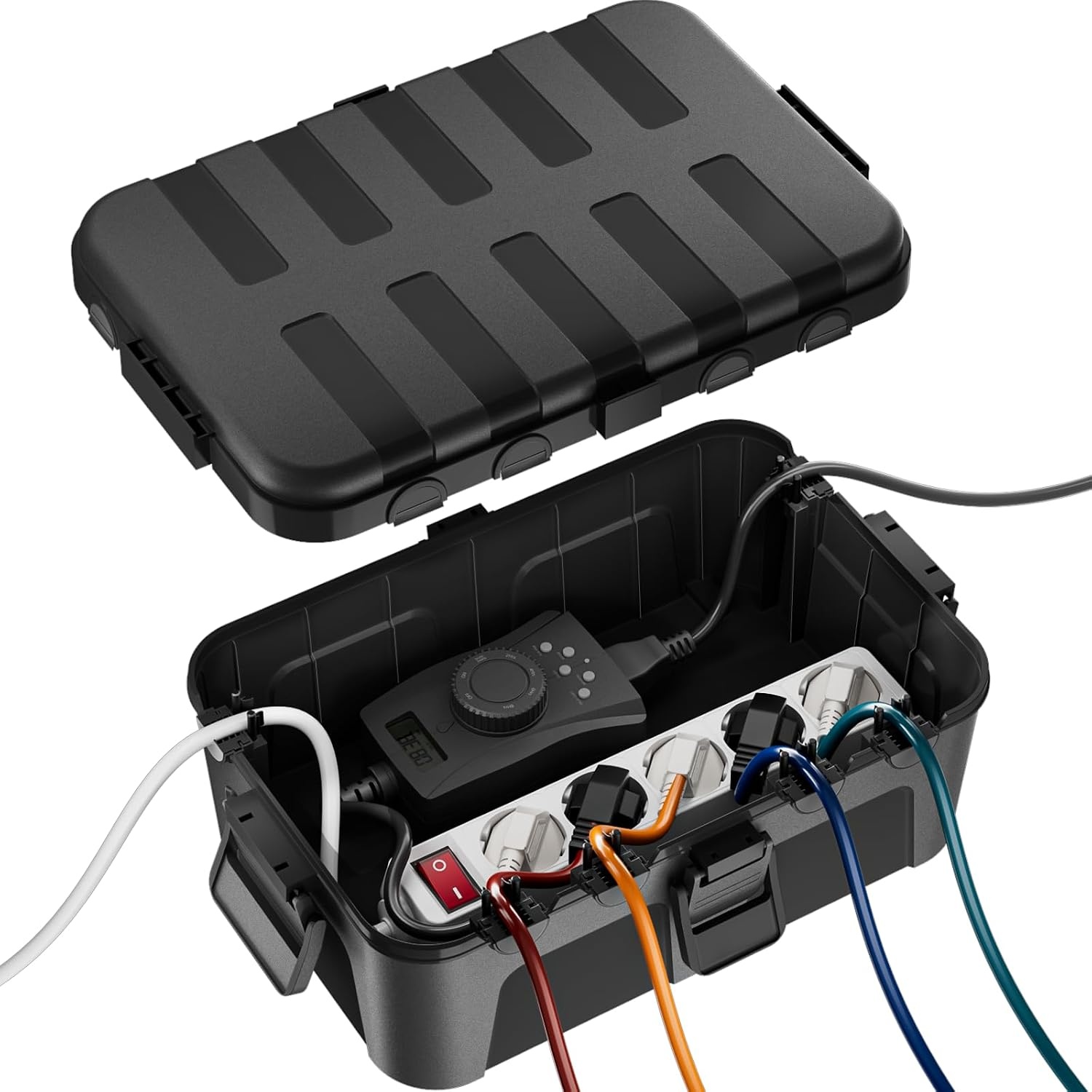 RESTMO Extra grote stekkerbeschermdoos voor verlengsnoer, 32x22x13 cm, waterdichte elektrische kabeldoos IP54 voor buiten, elektrische accessoires, Zwart