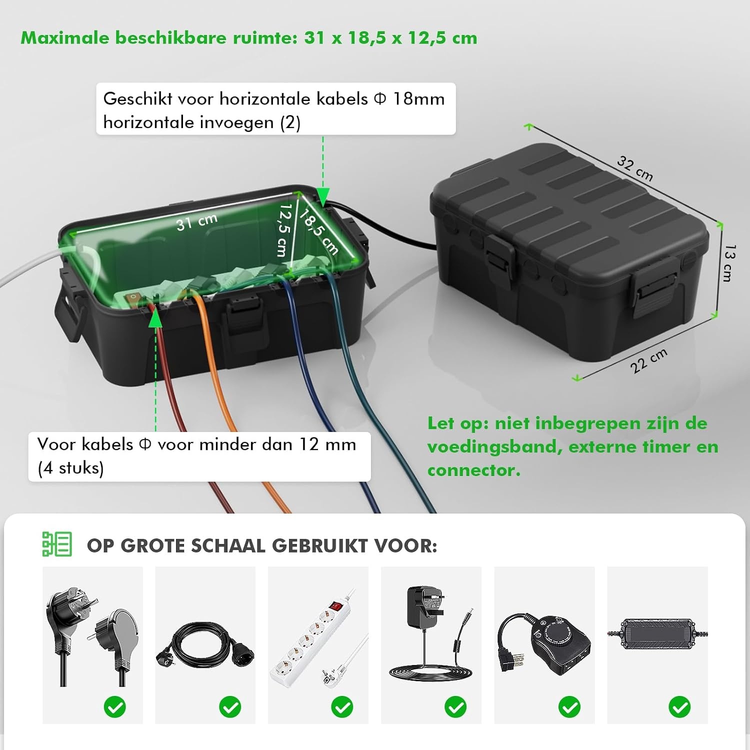 RESTMO Extra grote stekkerbeschermdoos voor verlengsnoer, 32x22x13 cm, waterdichte elektrische kabeldoos IP54 voor buiten, elektrische accessoires, Zwart
