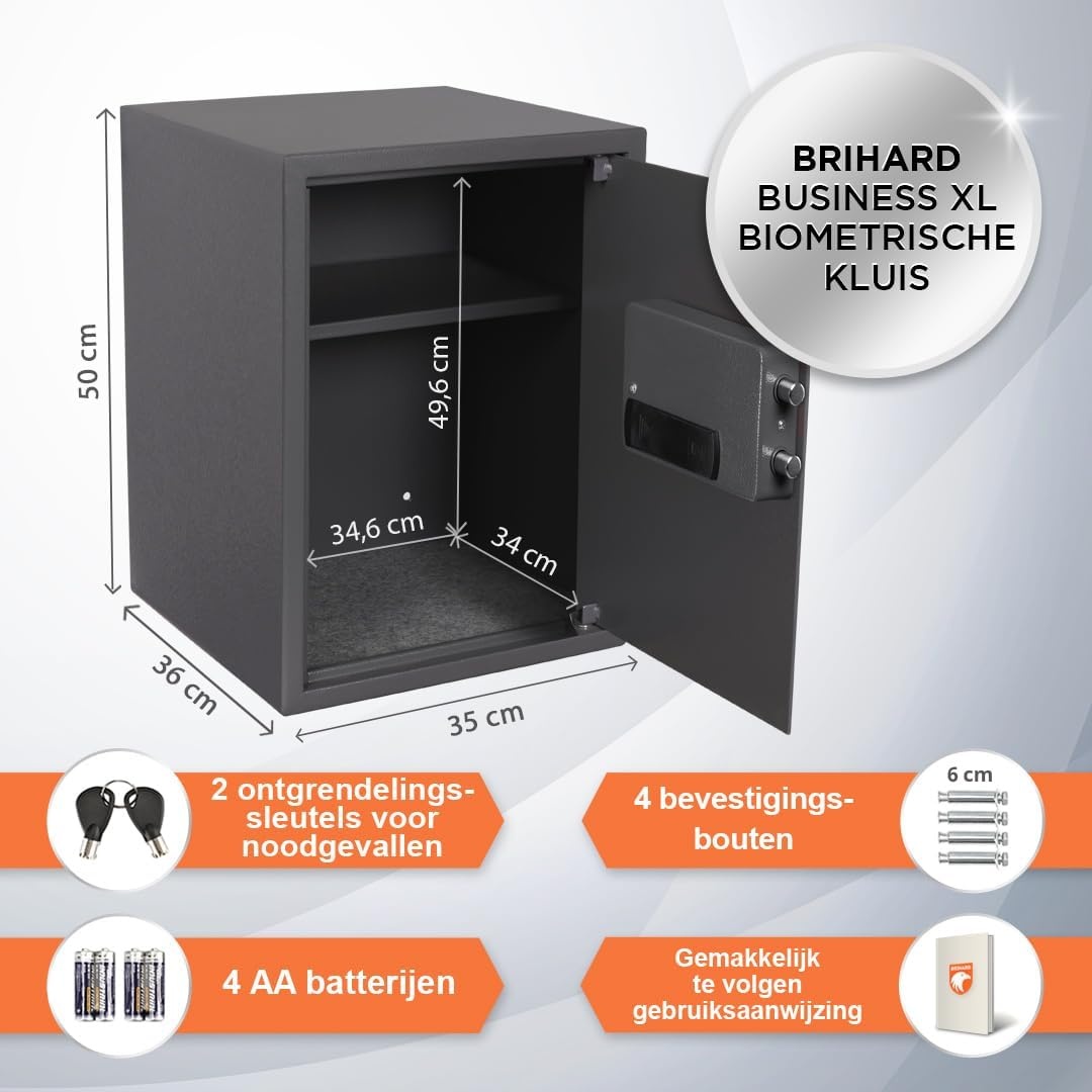 Grote Biometrische Kluis XL - 2-in-1 Digitaal Toetsenbord en Vingerafdruk Kluis - Privékluis 50x35x36cm - LED, Schokbestendig Slot Elektronische Kluis