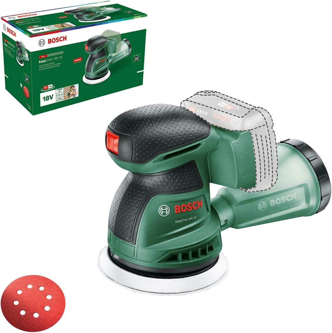 Bosch accu-excenterschuurmachine EasyOrbit 18V-10 (schuren van kleine tot middelgrote houten, gelakte en geverfde oppervlakken, diameter: 125 mm; 18 V systeem; zonder accu)