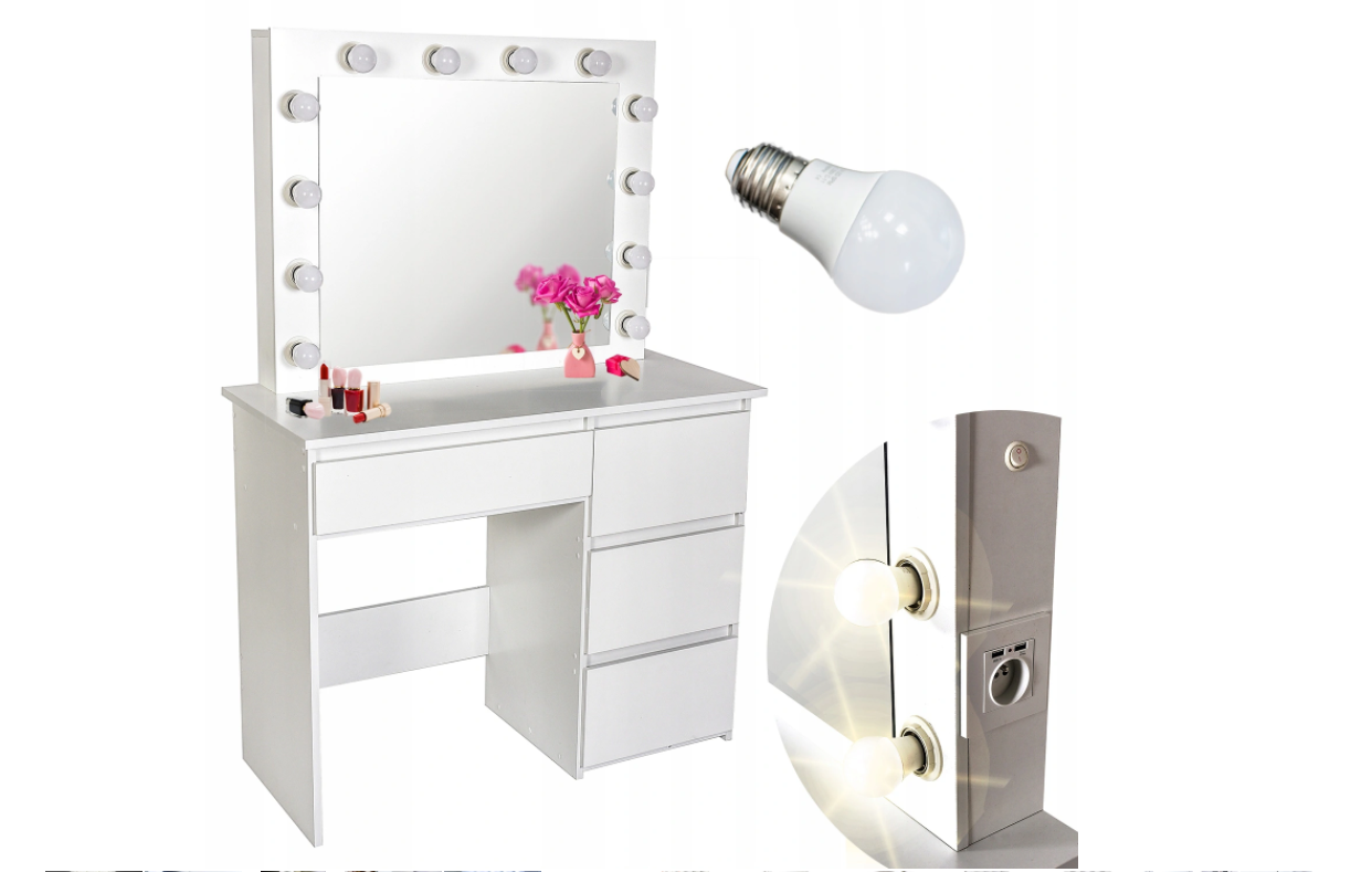 Kaptafel Wit MDF met Spiegel, LED, USB & Stopcontact - 35% Korting