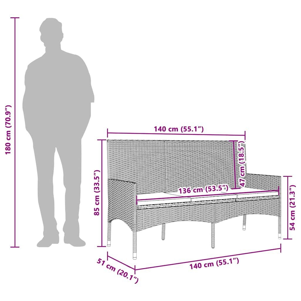 vidaXL Tuinbank 3-zits met kussens, Poly Rattan, Grijs - 34% Korting!