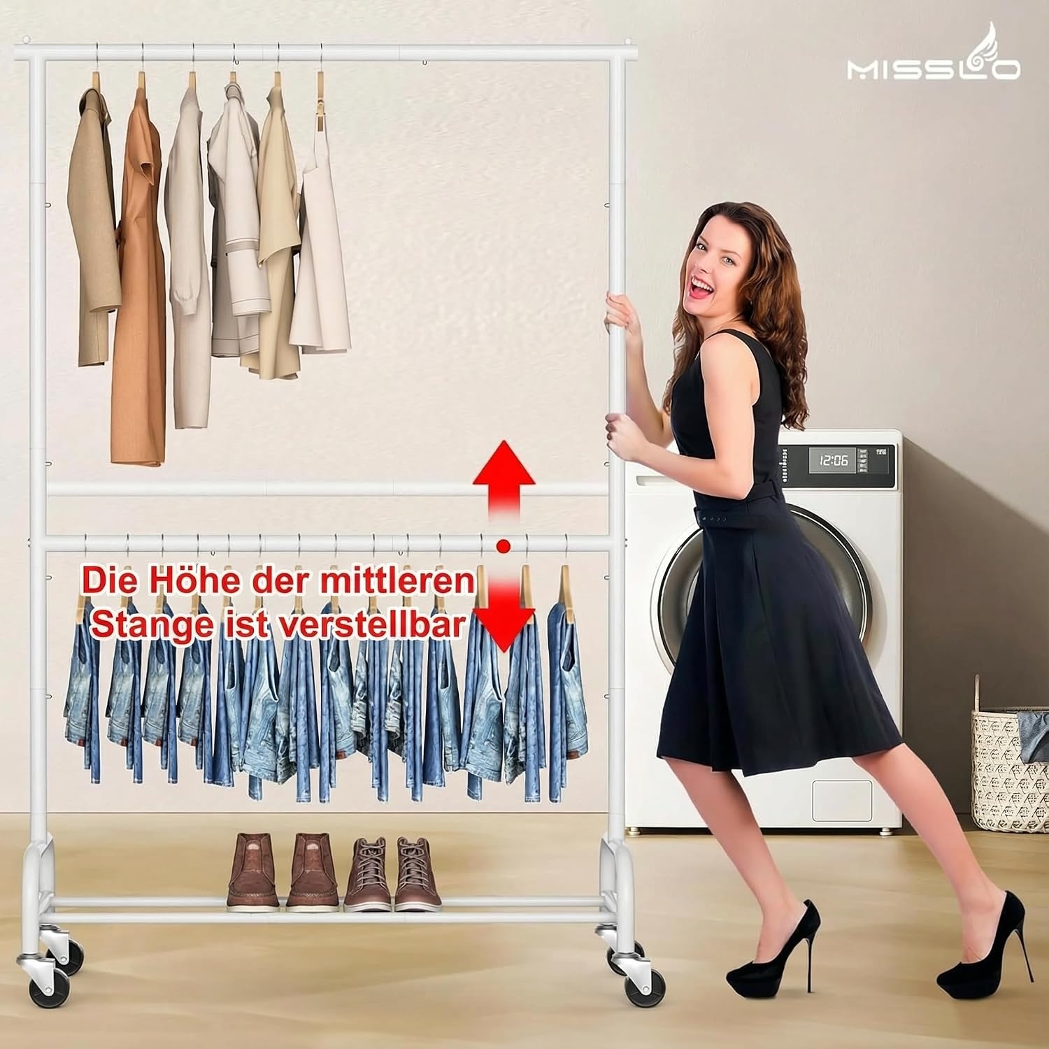 Wit Dubbel Kledingrek op Wielen - 107x39x197cm - 34% Korting