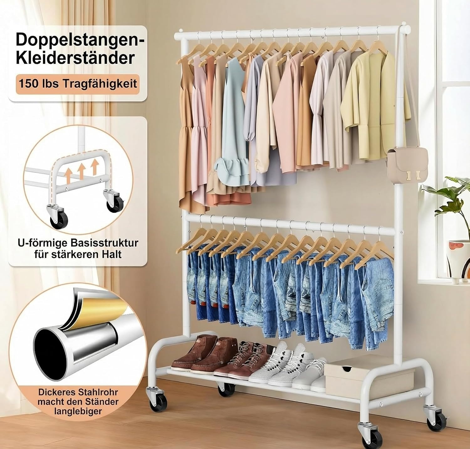 Wit Dubbel Kledingrek op Wielen - 107x39x197cm - 34% Korting