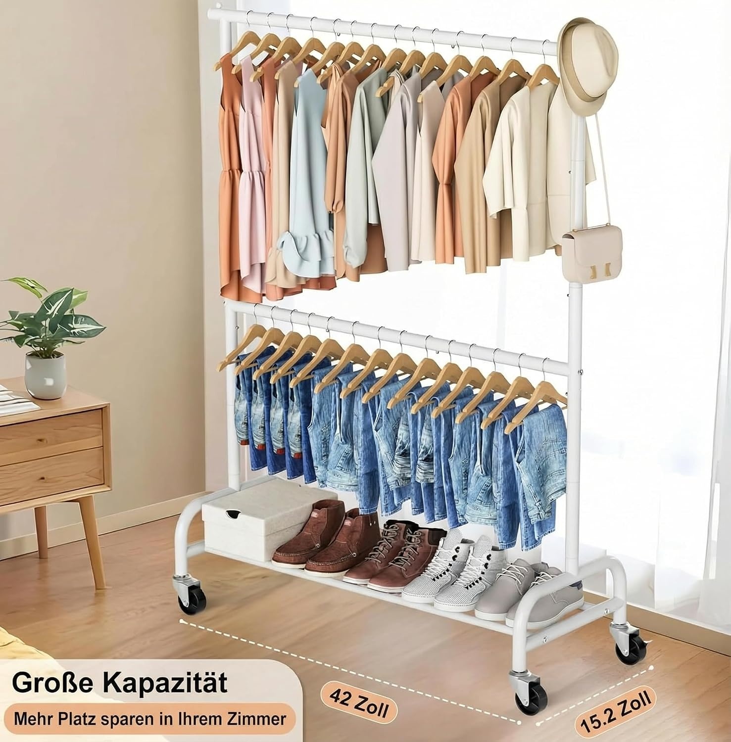 Wit Dubbel Kledingrek op Wielen - 107x39x197cm - 34% Korting