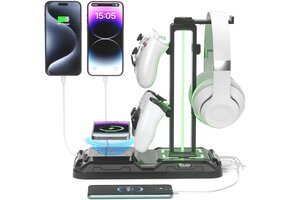 KDD Gaming Headset Standaard met Draadloze Oplader & RGB - Zwart (33% Korting)