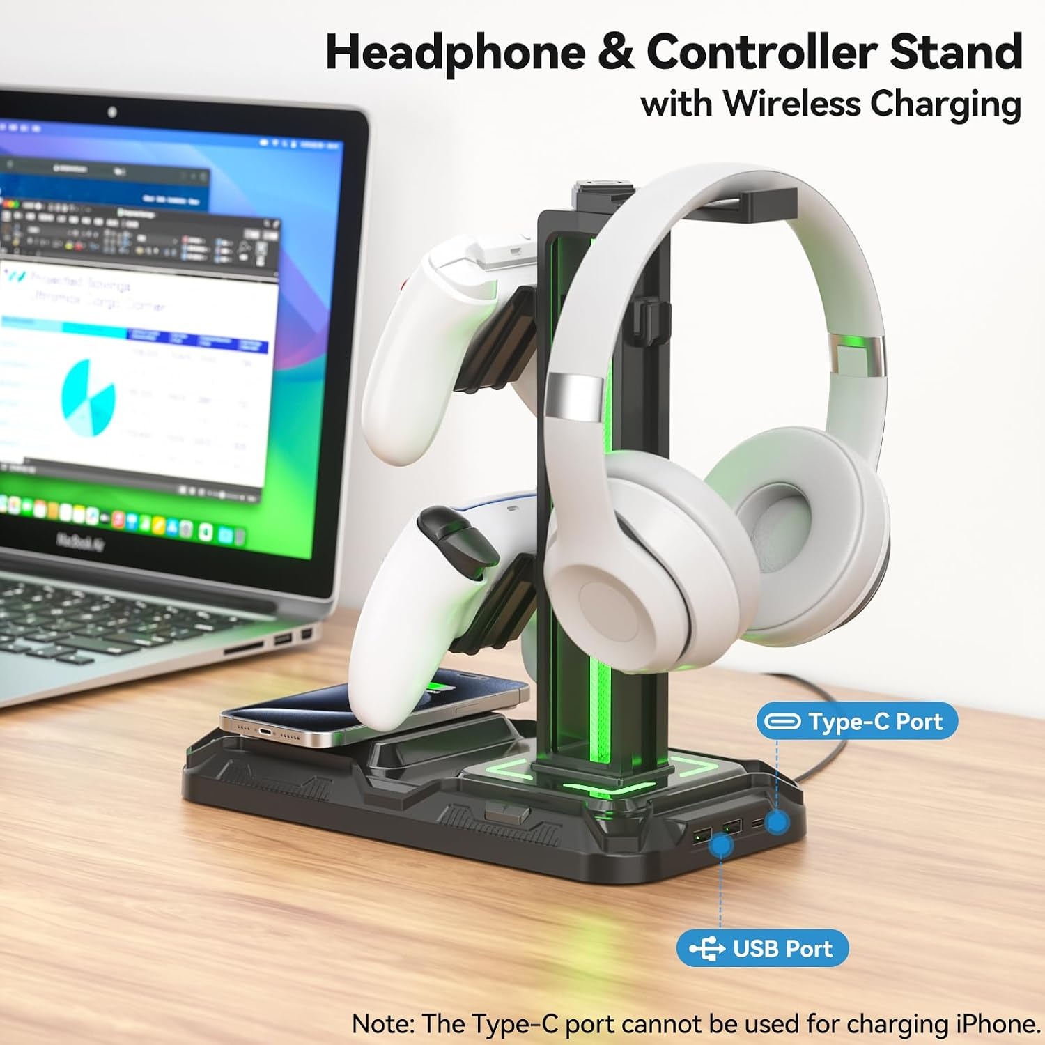 KDD Gaming Headset Standaard met Draadloze Oplader & RGB - Zwart (33% Korting)