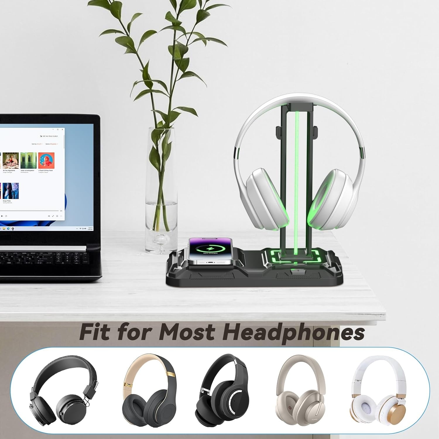 KDD Gaming Headset Standaard met Draadloze Oplader & RGB - Zwart (33% Korting)