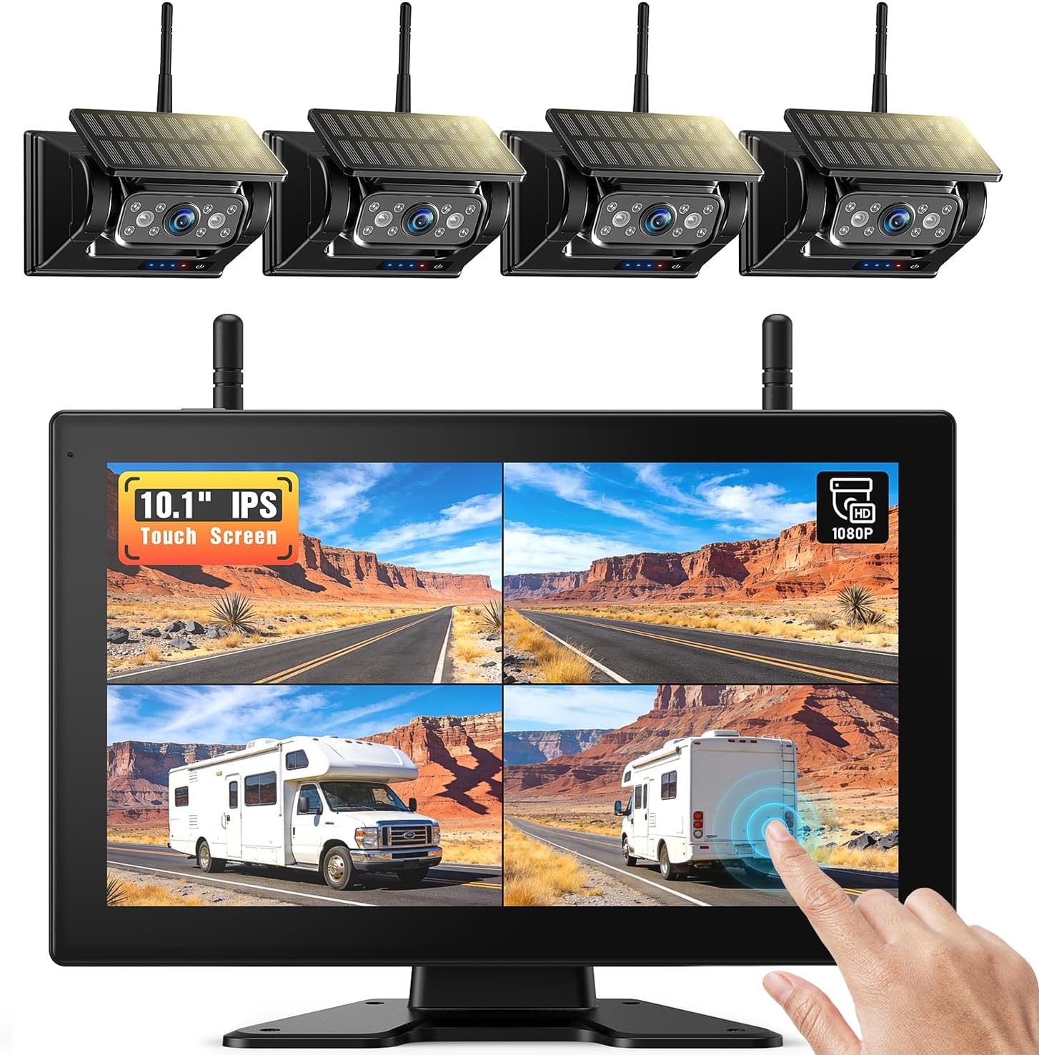Draadloze Achteruitrijcamera met 10 Inch Touchscreen & 4 Solar Camera's - 35% Korting