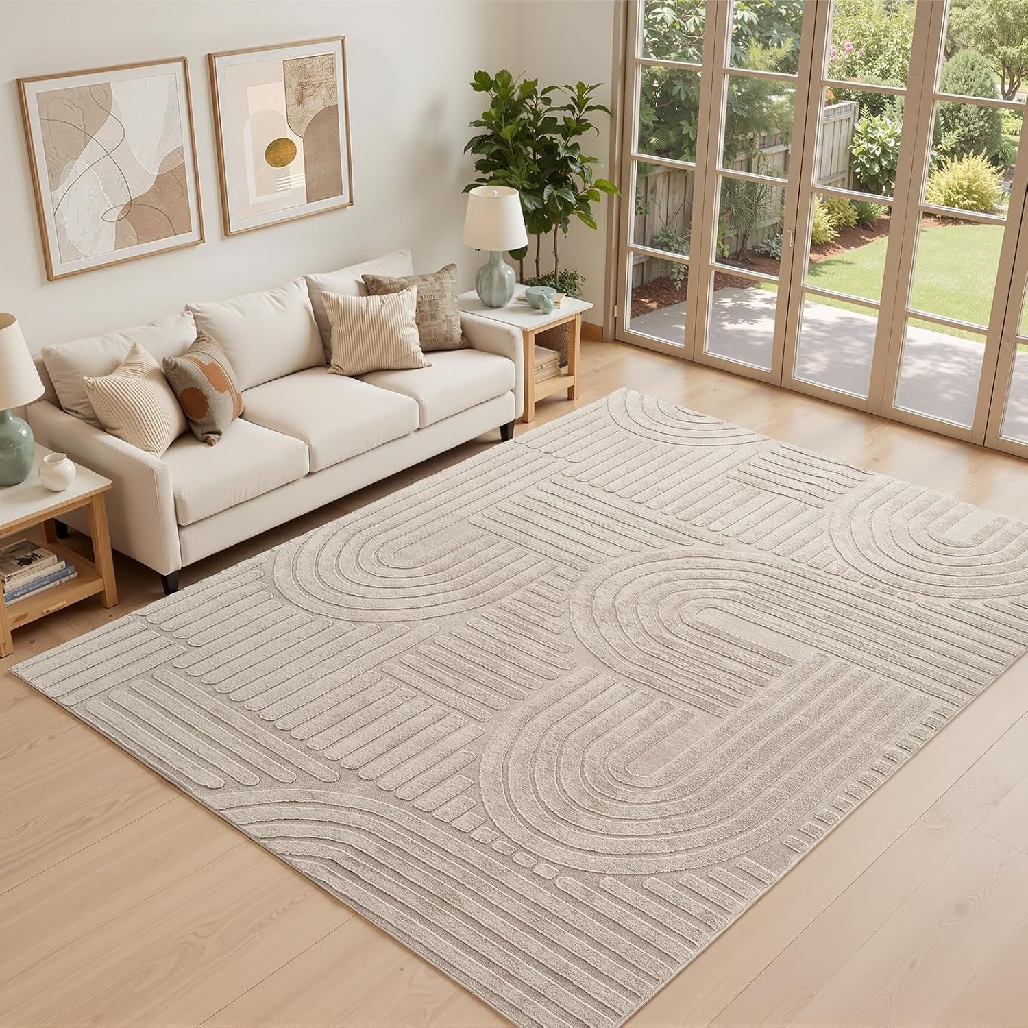 Topfinel Modern woonkamer tapijt taupe 200x290 golvende 3D-effect wasbaar kort vloerkleed groot zacht pluizig antislip slaapkamer tapijten voor eetkamer kantoor effen tapijt viltlook duurzaam