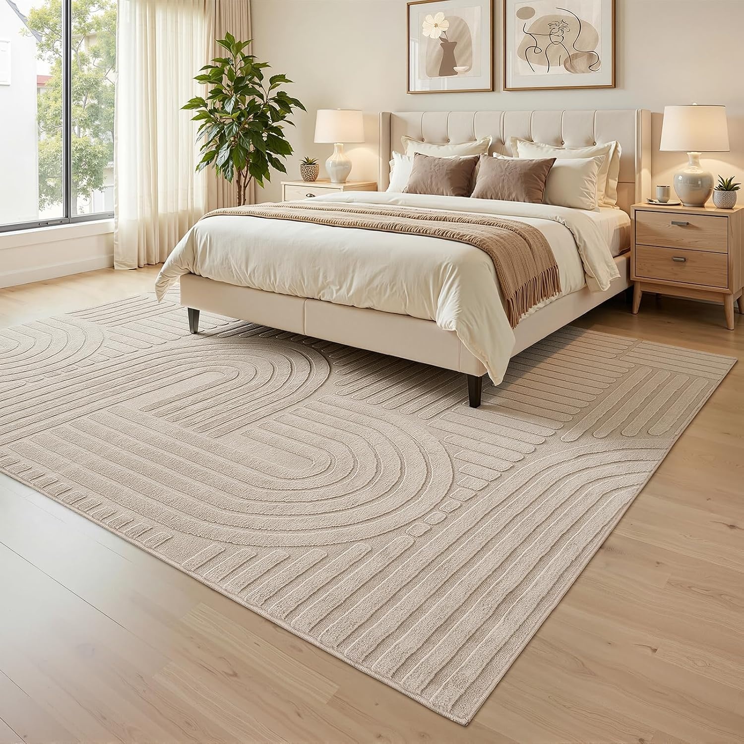 Topfinel Modern woonkamer tapijt taupe 200x290 golvende 3D-effect wasbaar kort vloerkleed groot zacht pluizig antislip slaapkamer tapijten voor eetkamer kantoor effen tapijt viltlook duurzaam