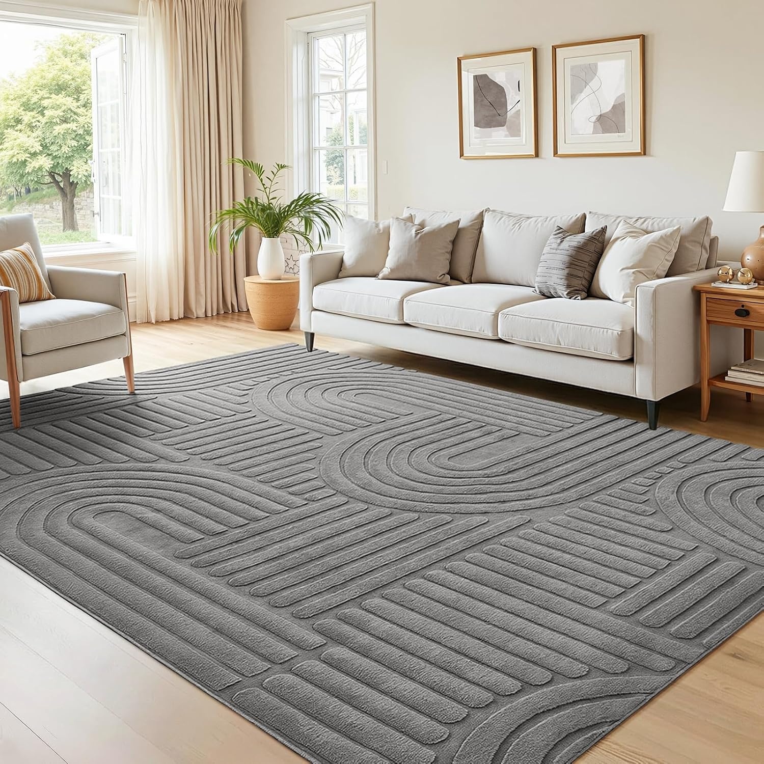 Topfinel Modern woonkamer tapijt taupe 200x290 golvende 3D-effect wasbaar kort vloerkleed groot zacht pluizig antislip slaapkamer tapijten voor eetkamer kantoor effen tapijt viltlook duurzaam