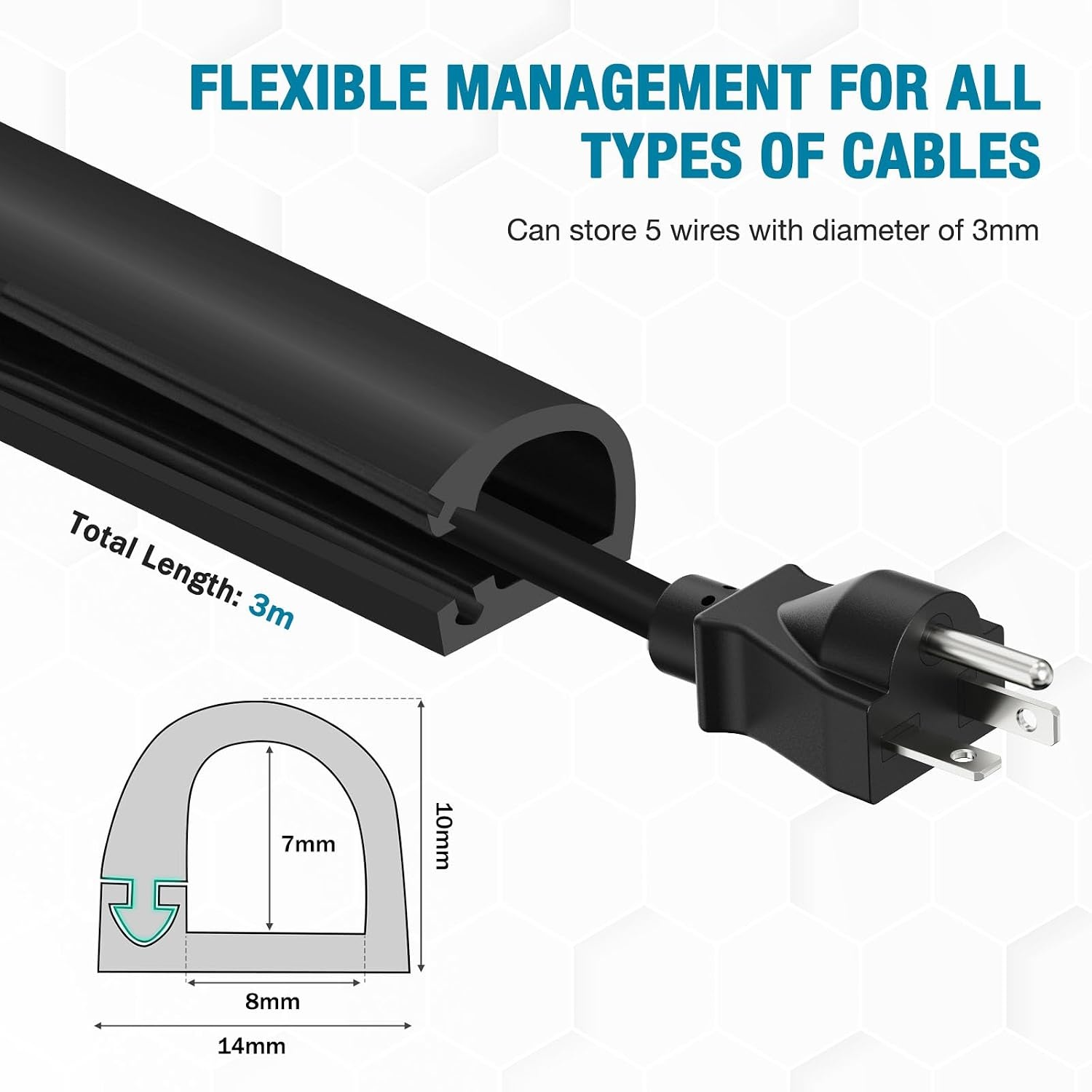 Zelfklevende kabelkanalen voor elektrische kabels, halfrond, flexibele kabelafdekking voor tv, muur, vloer (zwart, 7 mm × 14 mm × 3 m)