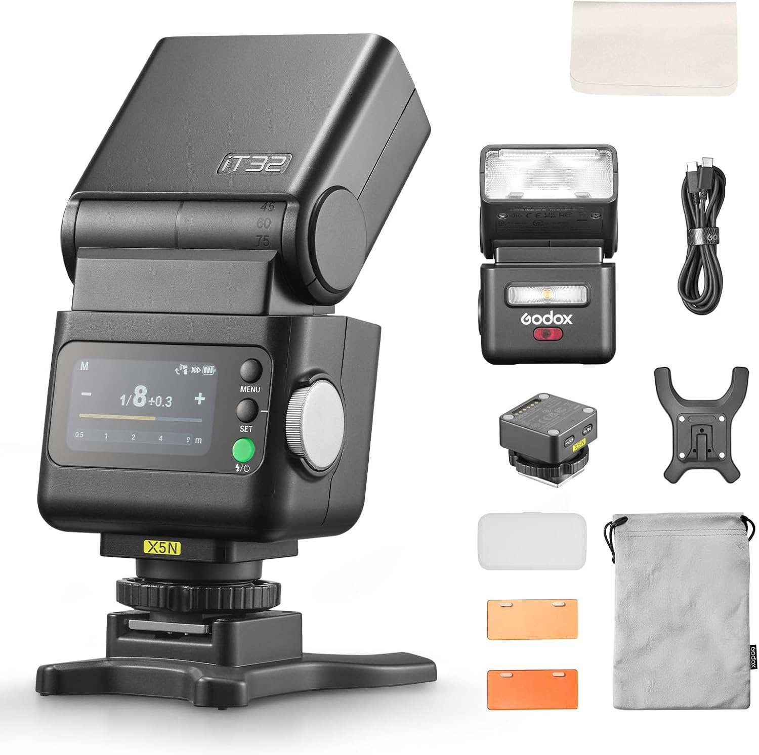 Godox iT32 met X5-N camera flash kit voor Nikon, afneembare magnetische hotshoe/trigger ontwerp met TTL & HSS, 2,4 G multi-flash sync, ingebouwde batterij, touchscreen, met diffuser, filter, opbergtas