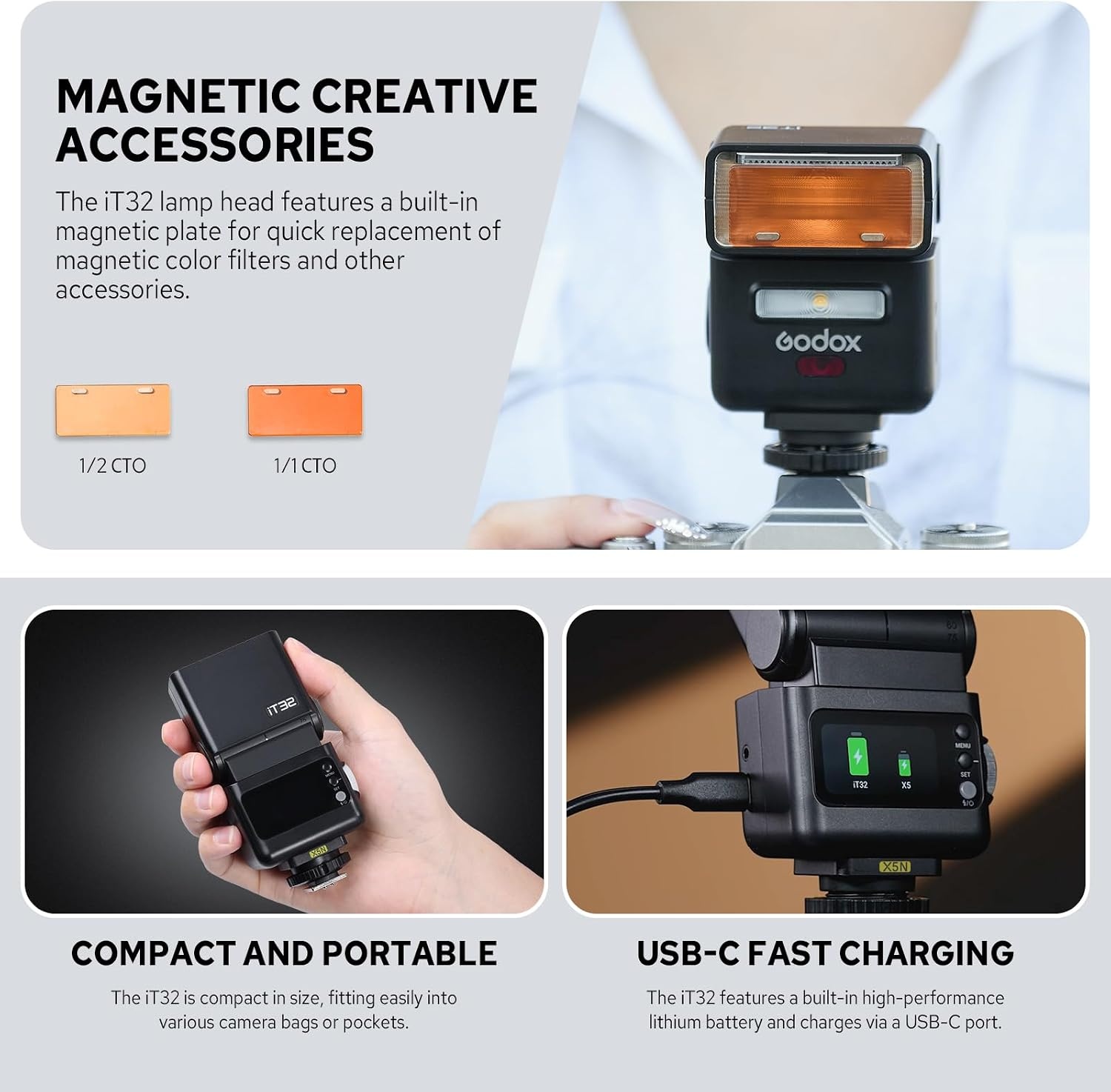 Godox iT32 met X5-N camera flash kit voor Nikon, afneembare magnetische hotshoe/trigger ontwerp met TTL & HSS, 2,4 G multi-flash sync, ingebouwde batterij, touchscreen, met diffuser, filter, opbergtas