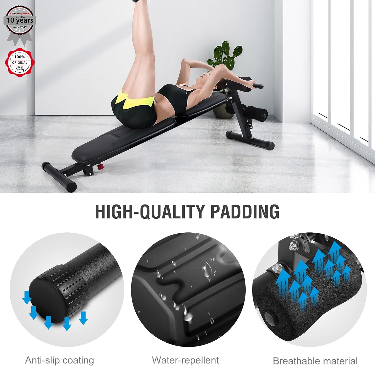 Ultrasport weight bench, multifunctional, foldable, flat bench, sit-up bench, 18-way adjustable, water-repellent, fit, abdominal trainer, load capacity up to 500 kg