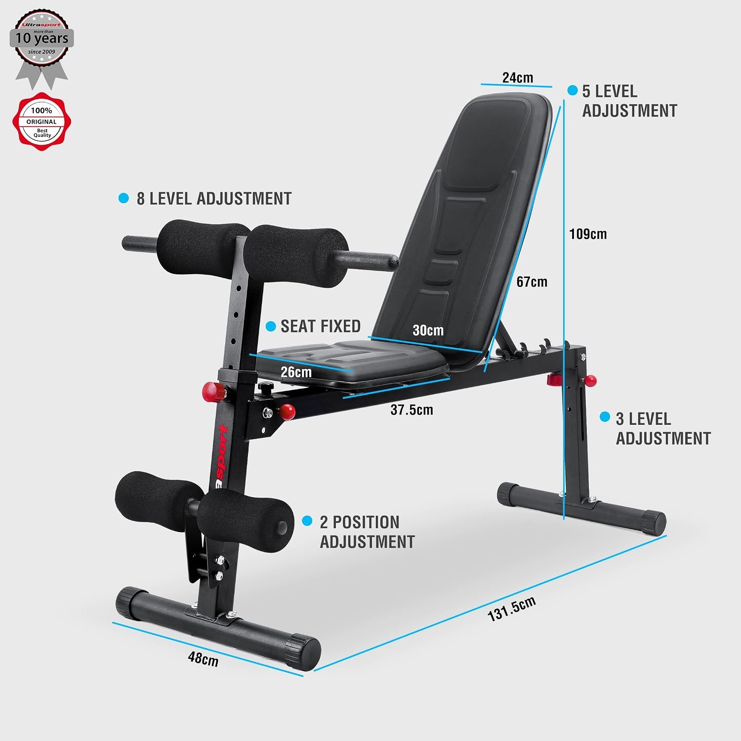 Ultrasport weight bench, multifunctional, foldable, flat bench, sit-up bench, 18-way adjustable, water-repellent, fit, abdominal trainer, load capacity up to 500 kg