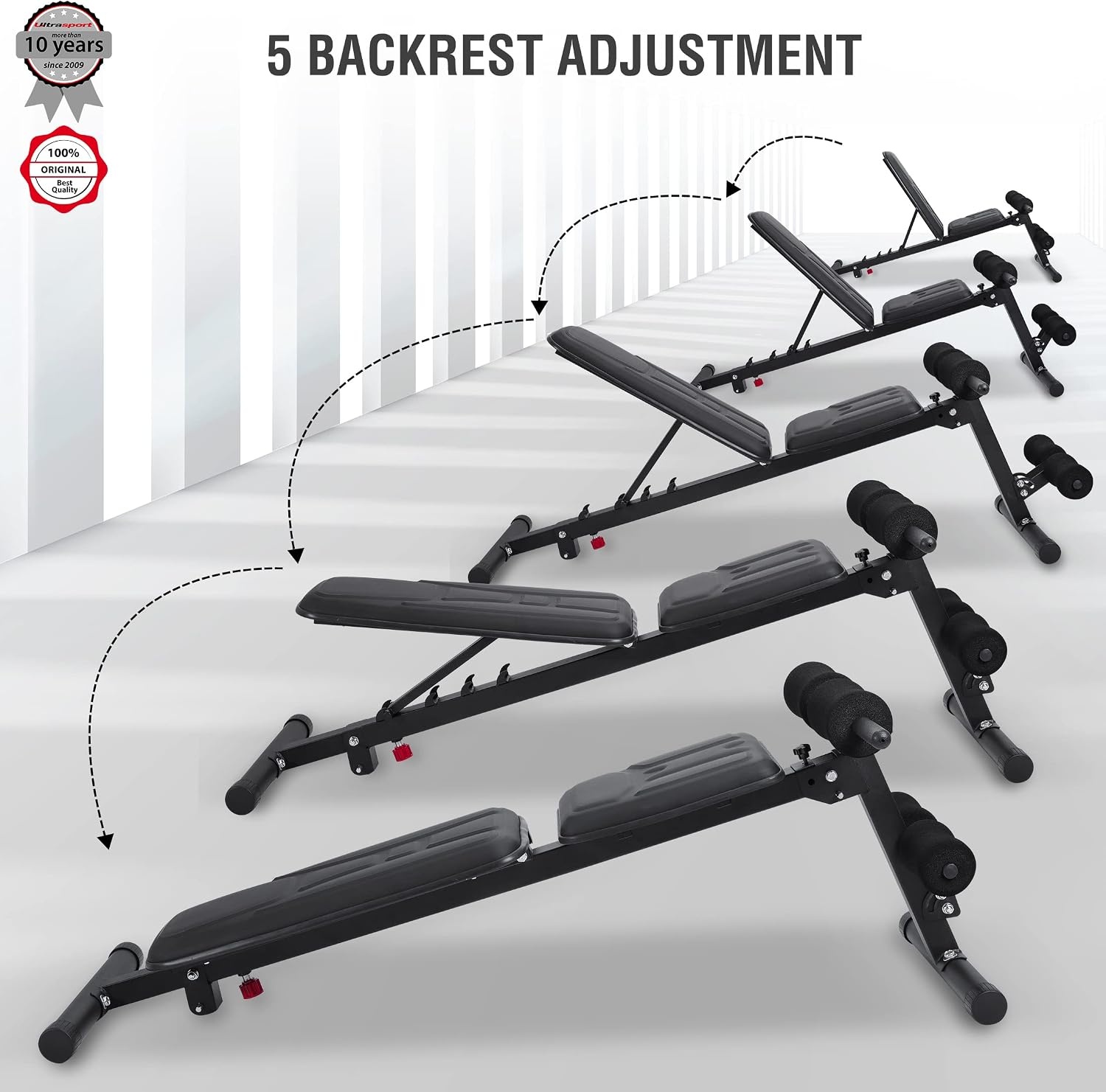 Ultrasport weight bench, multifunctional, foldable, flat bench, sit-up bench, 18-way adjustable, water-repellent, fit, abdominal trainer, load capacity up to 500 kg