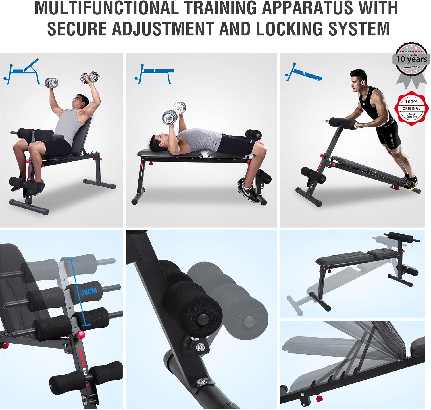 Ultrasport weight bench, multifunctional, foldable, flat bench, sit-up bench, 18-way adjustable, water-repellent, fit, abdominal trainer, load capacity up to 500 kg