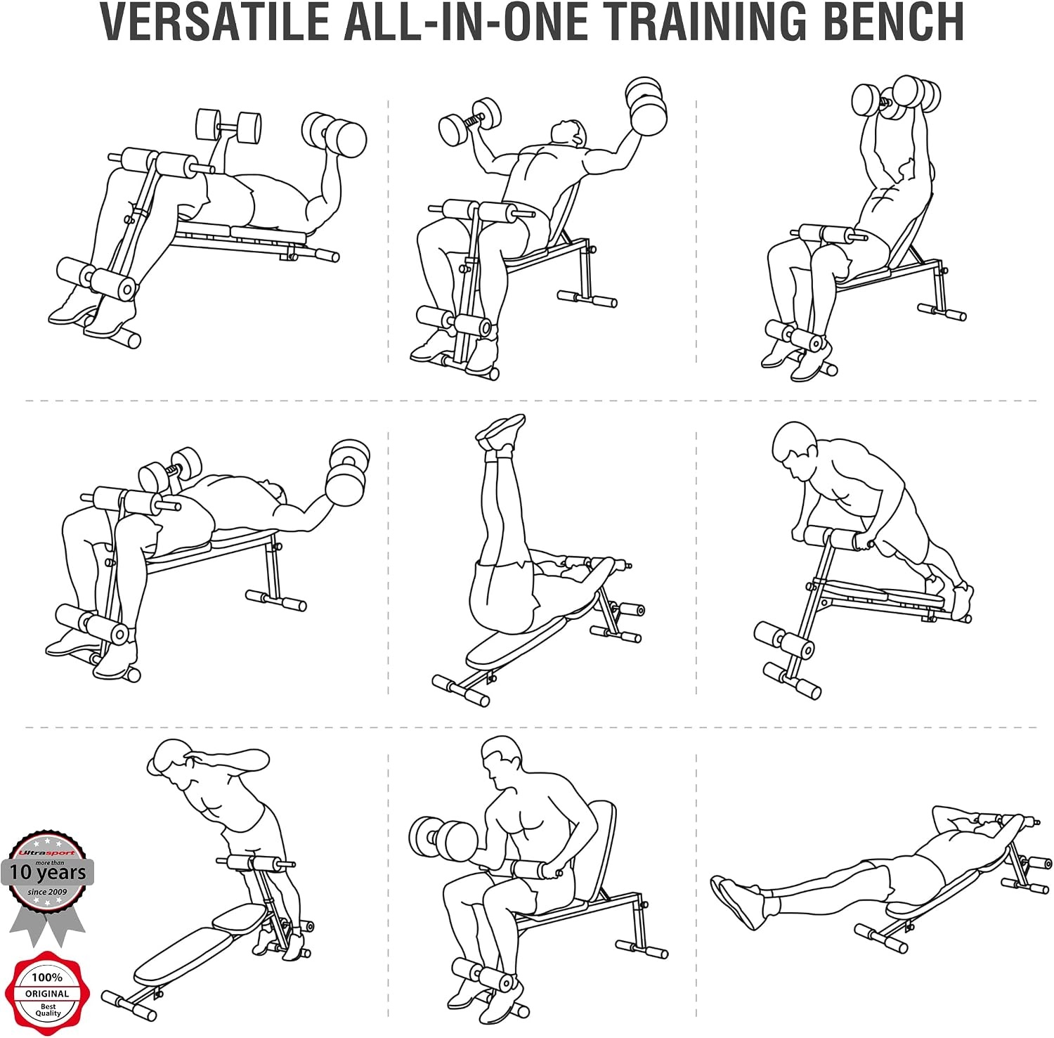 Ultrasport weight bench, multifunctional, foldable, flat bench, sit-up bench, 18-way adjustable, water-repellent, fit, abdominal trainer, load capacity up to 500 kg