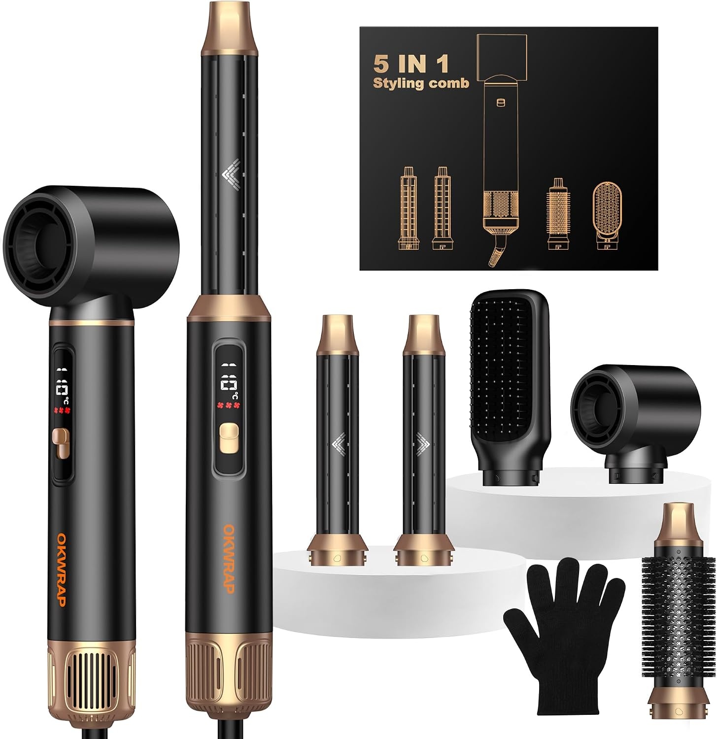 OKWRAP 5-in-1 Magic Styler Föhnborstel Zwart 1000W