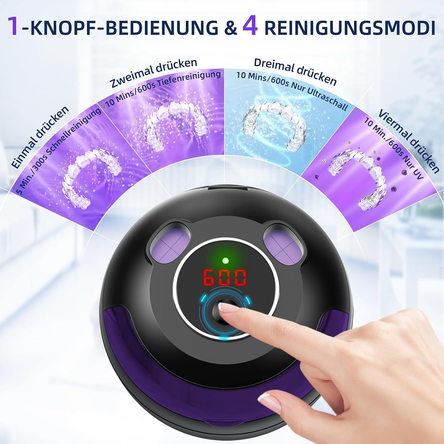 Ultrasoon reinigingsapparaat, 45 kHz houderreiniger, 4 modi, ultrasone reiniger voor kunstgebitten, retiner, aligner, prothesen, tandenborstelkop, sieraden