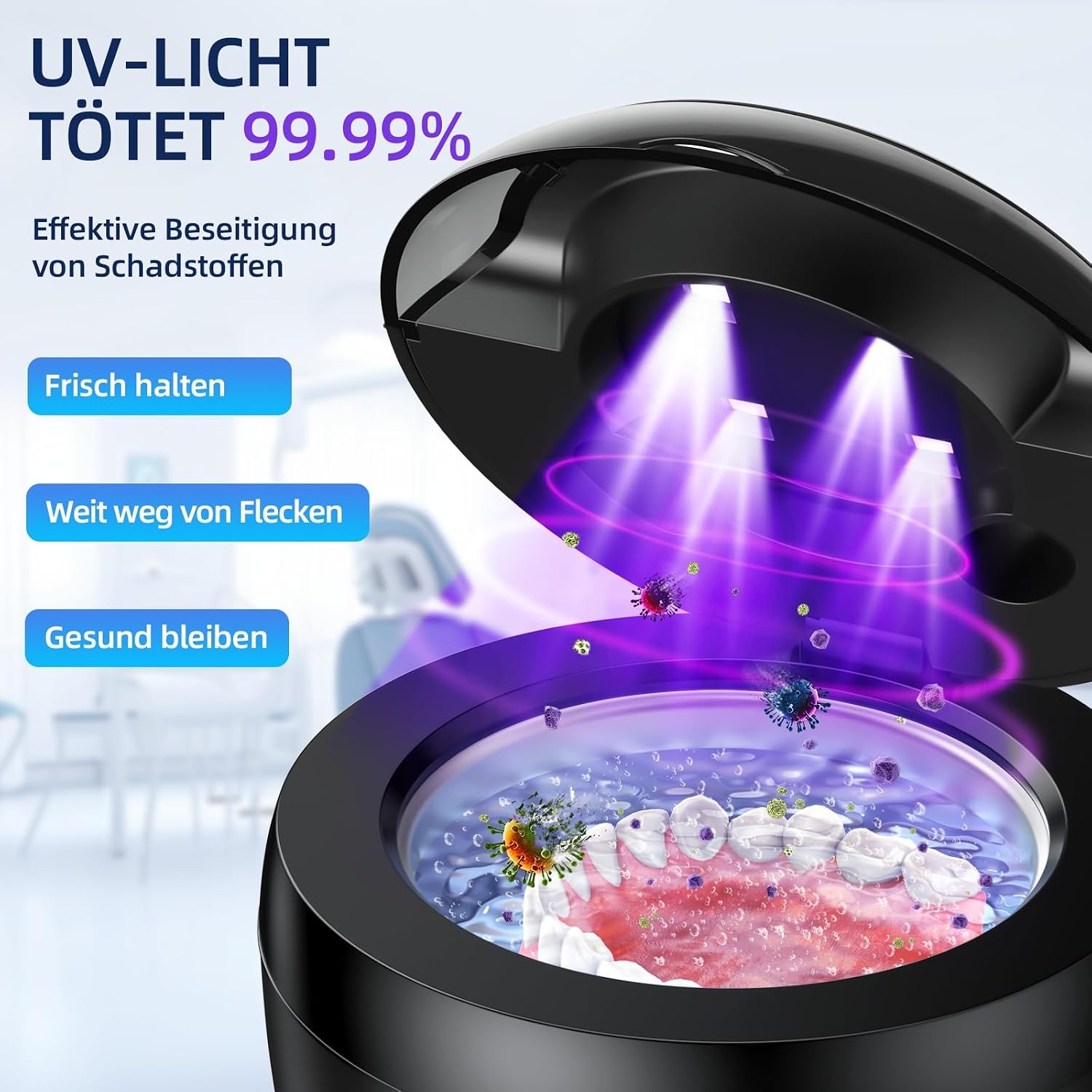 Ultrasoon reinigingsapparaat, 45 kHz houderreiniger, 4 modi, ultrasone reiniger voor kunstgebitten, retiner, aligner, prothesen, tandenborstelkop, sieraden