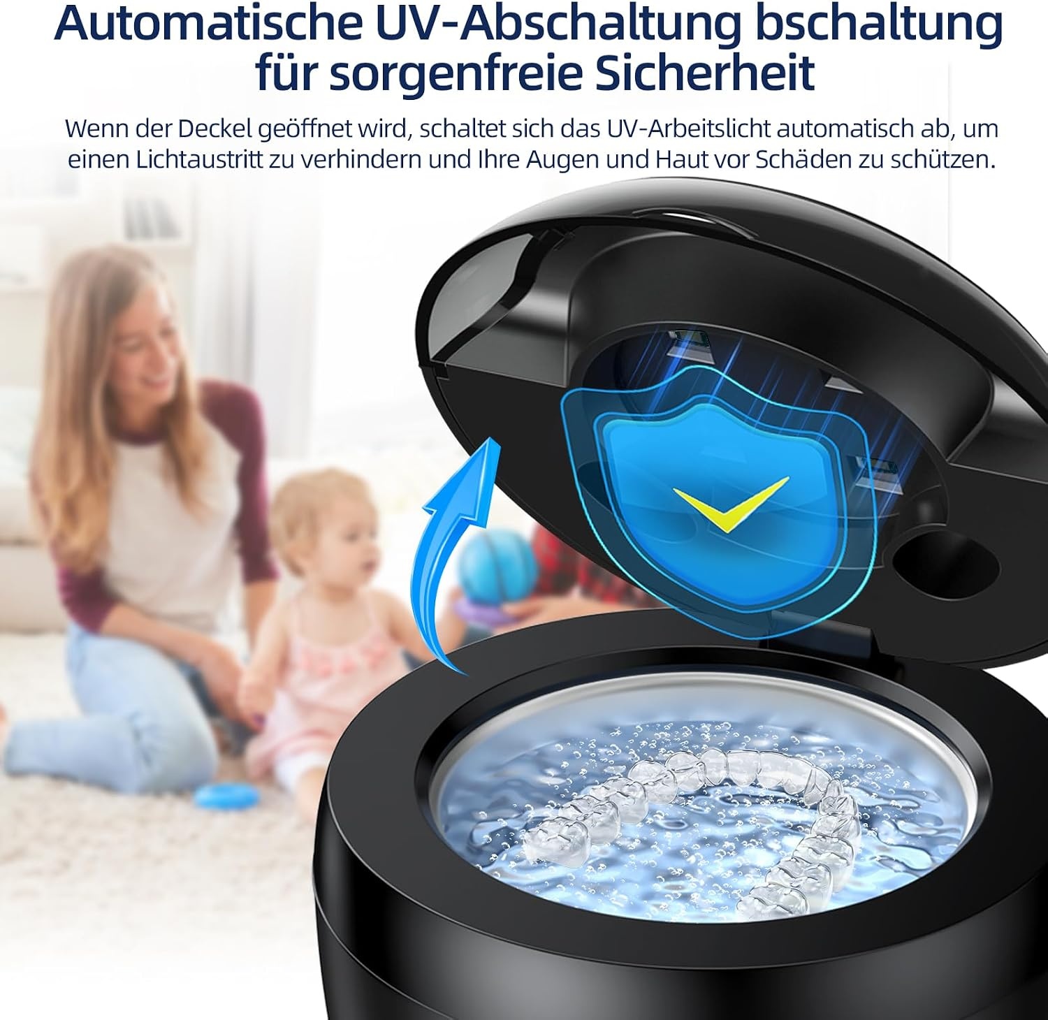 Ultrasoon reinigingsapparaat, 45 kHz houderreiniger, 4 modi, ultrasone reiniger voor kunstgebitten, retiner, aligner, prothesen, tandenborstelkop, sieraden