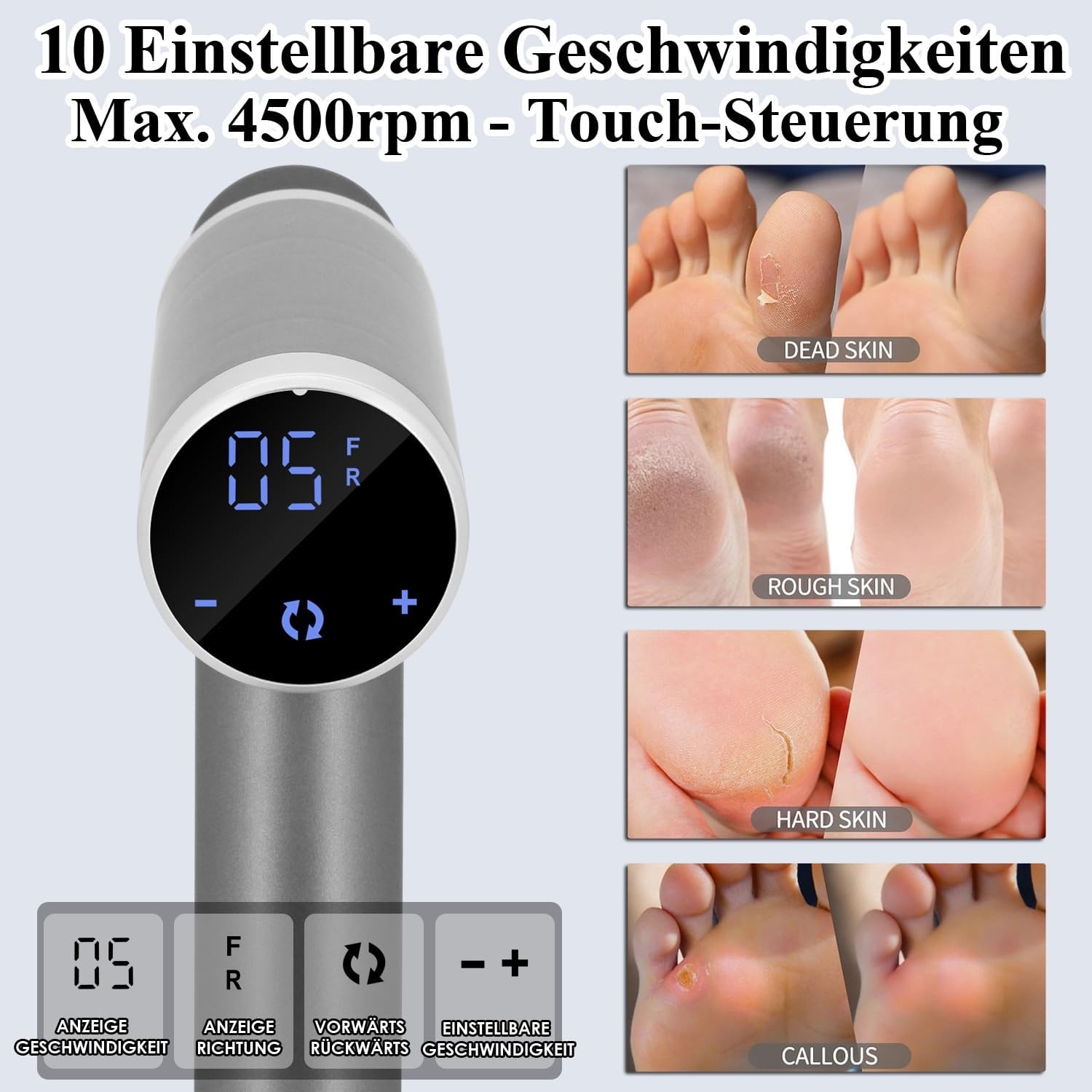 Elektrische eeltverwijderaar, 4500 omw/min, verstelbare snelheid, professioneel, eeltverwijderaar, elektrisch, eeltverwijderaar, pedicure, grijs FCR-3