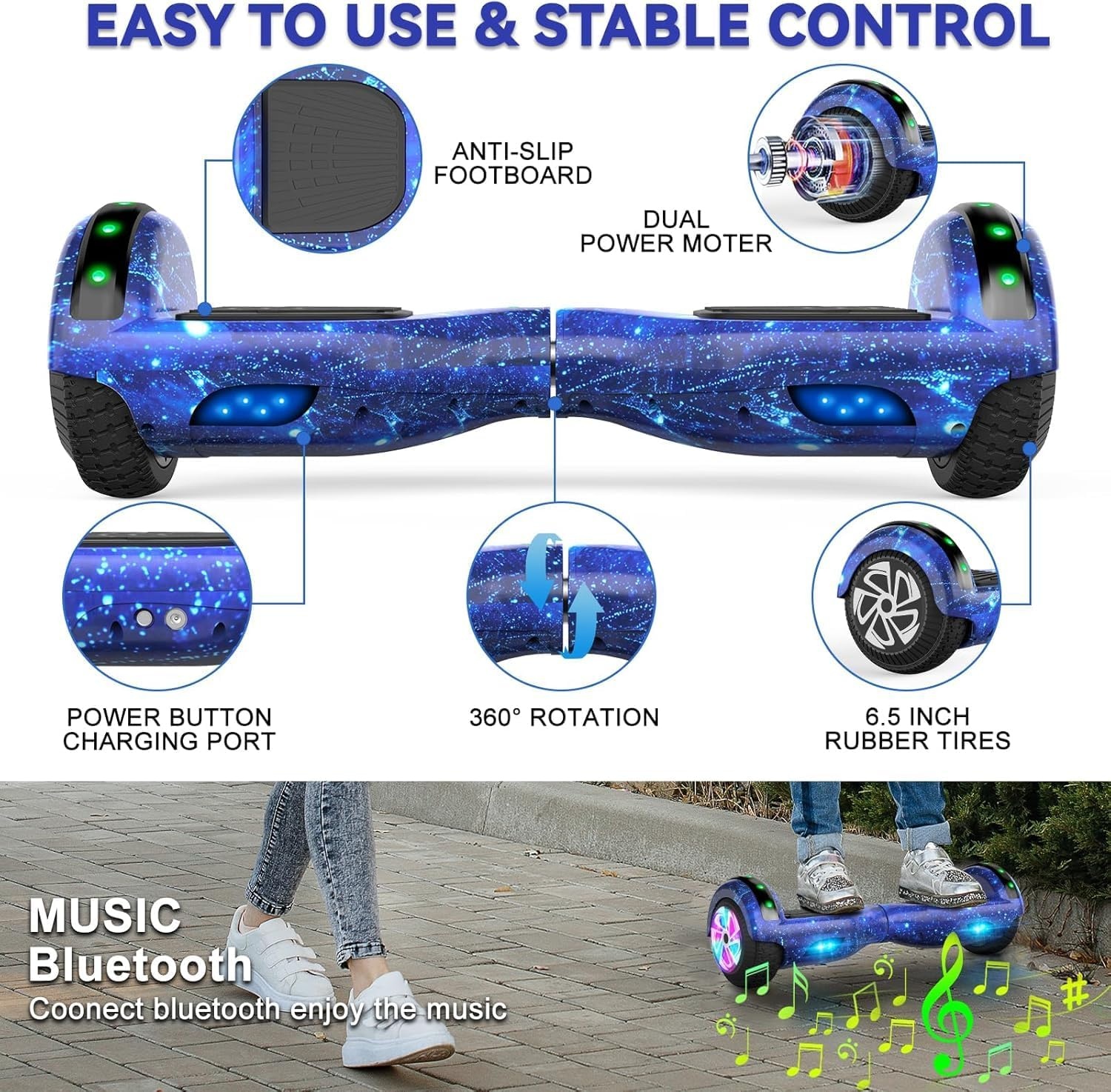 SISIGAD Hoverboard Kart, hoverboard voor alle terreinen, zelfgebalanceerd, 6,5 inch met bluetooth-luidsprekers en hoverboard led-verlichting voor kinderen