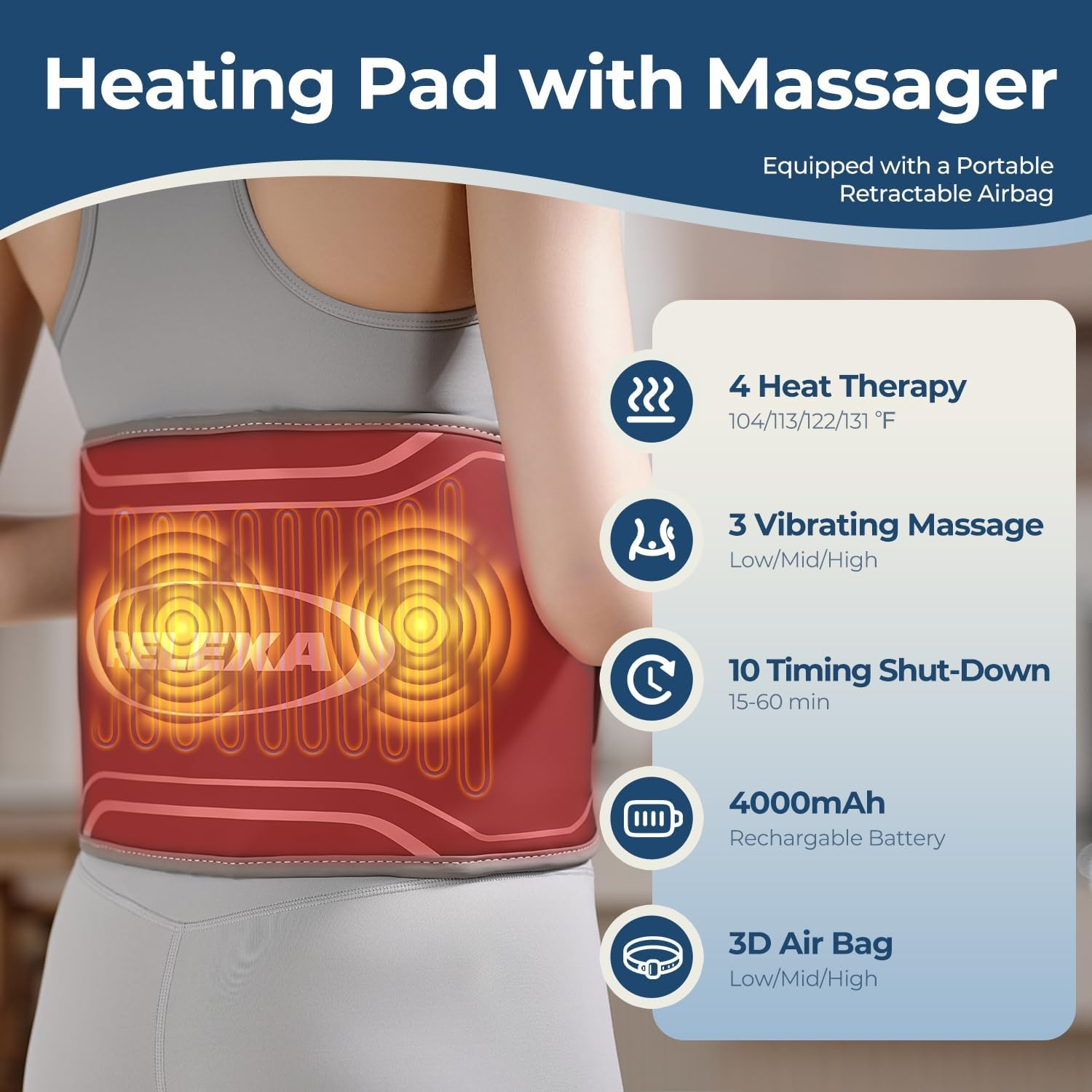 3D Airbag Verwarmingskussen voor verlichting van rugpijn, draadloze onderrug massager 3 trillingen 4 hitte, verwarmde rugbrace, 60 minuten automatische uitschakeltimer, 4000 mAh batterij, verlengriem