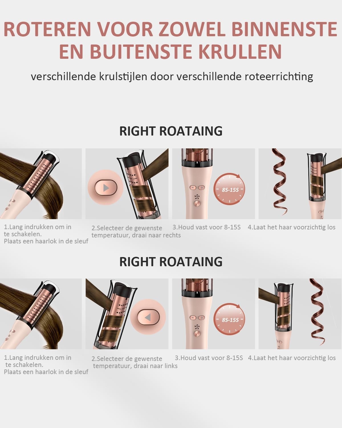 Automatische Krultang, Roterende Krultang met Negatieve Ionen Krulstang Anti-Verbranding Snel Verwarmend 4 Instelbare Temperatuur, Haarkruller, Intelligent, Snel Verwarmen