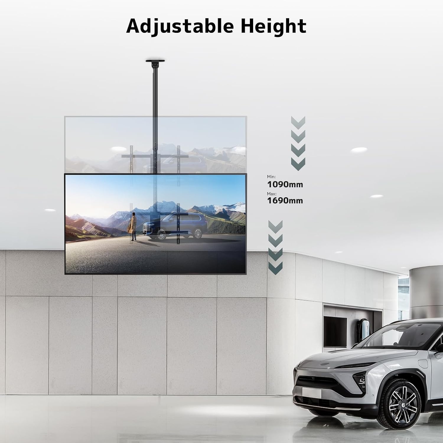 TV plafondbeugel voor 43-86 inch tot 60 kg, 360° draaibaar en -25° kantelbaar, met ±3° nivellering, max. VESA 600x400, voor plat en schuin dak, gebogen compatibel