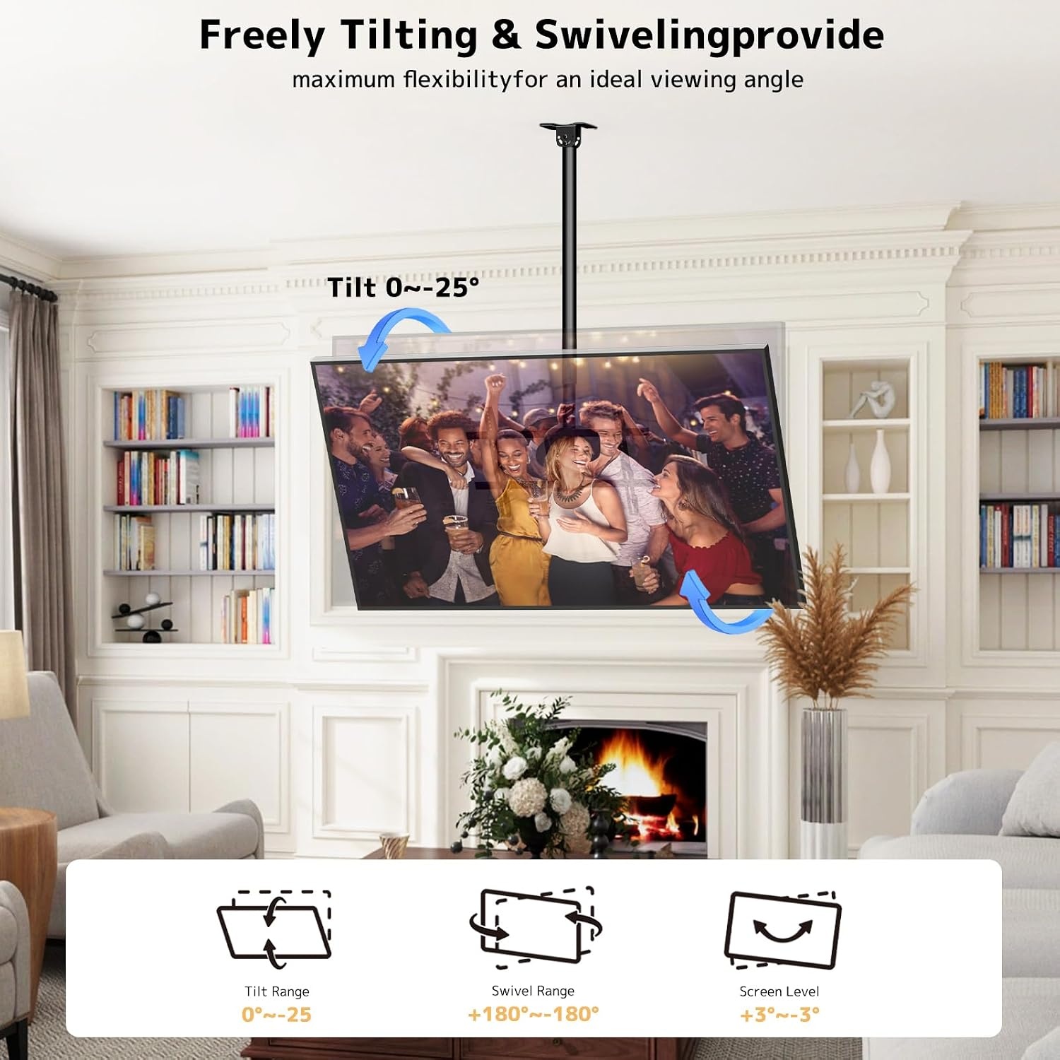 TV plafondbeugel voor 43-86 inch tot 60 kg, 360° draaibaar en -25° kantelbaar, met ±3° nivellering, max. VESA 600x400, voor plat en schuin dak, gebogen compatibel
