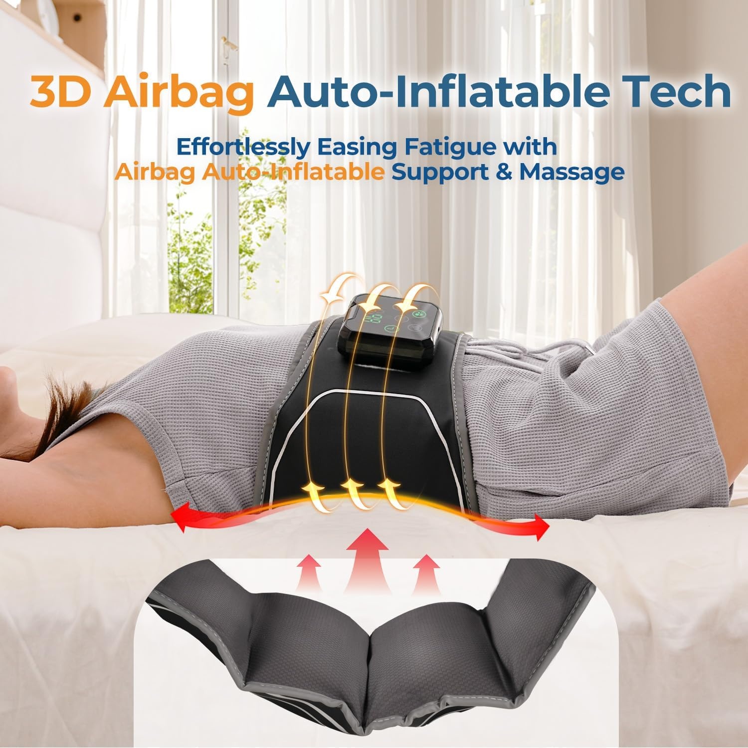 3D Airbag Verwarmingskussen voor verlichting van rugpijn, draadloze onderrug massager 3 trillingen 4 hitte, verwarmde rugbrace, 60 minuten automatische uitschakeltimer, 4000 mAh batterij, verlengriem