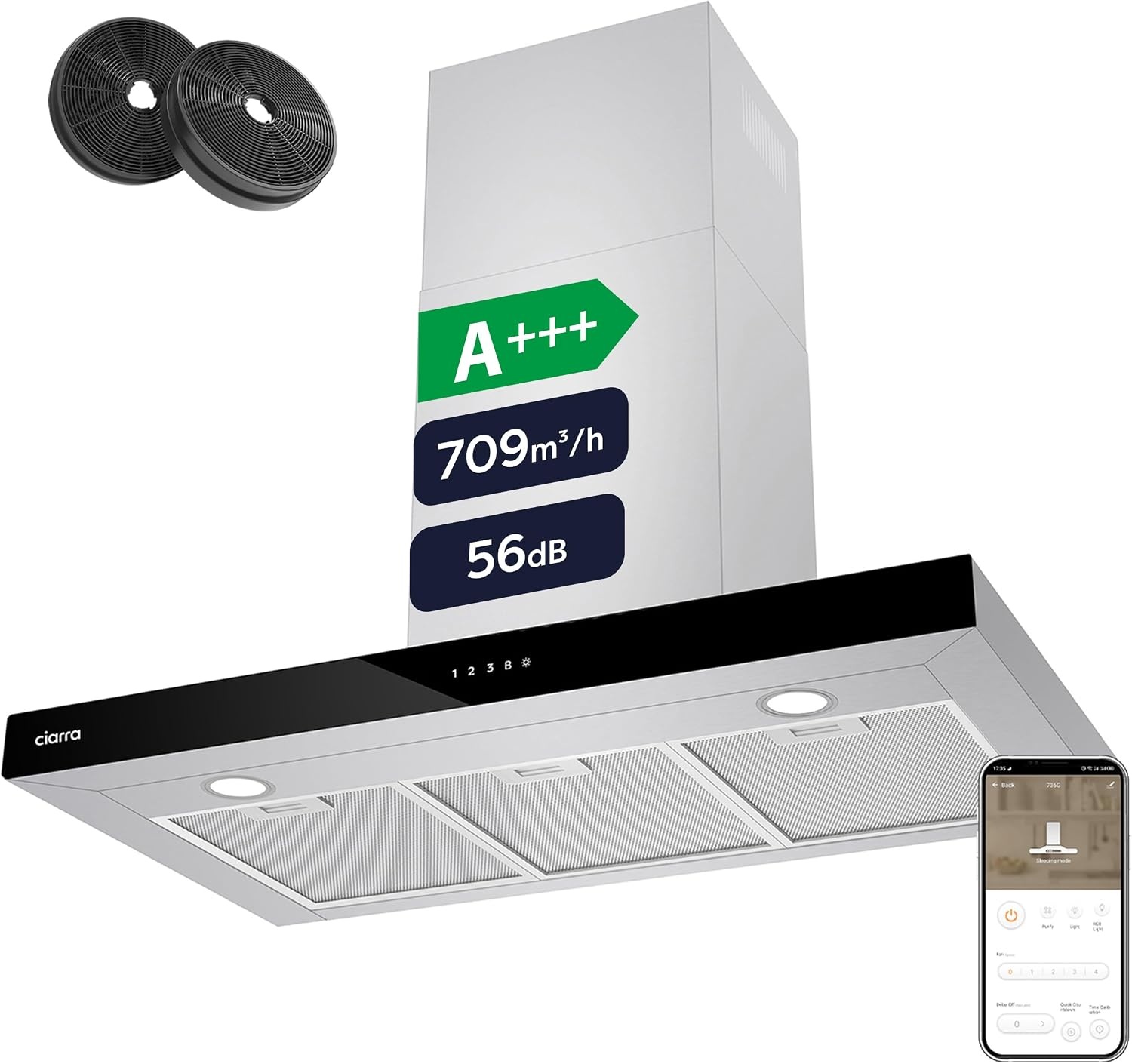 CIARRA CBCS9102 A+++ Afzuigkap 90cm 650 m³/h - Touch Control en Wifi - 4 Snelheden met Booster,afvoerstand en recirculatie afzuigkap met koolstoffilter CBCF003 - Roestvrij Staal - Maat 90 cm
