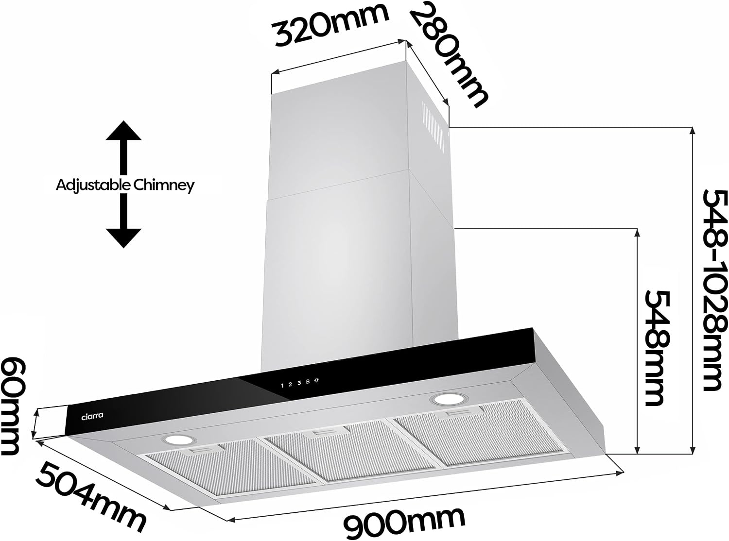 CIARRA CBCS9102 A+++ Afzuigkap 90cm 650 m³/h - Touch Control en Wifi - 4 Snelheden met Booster,afvoerstand en recirculatie afzuigkap met koolstoffilter CBCF003 - Roestvrij Staal - Maat 90 cm